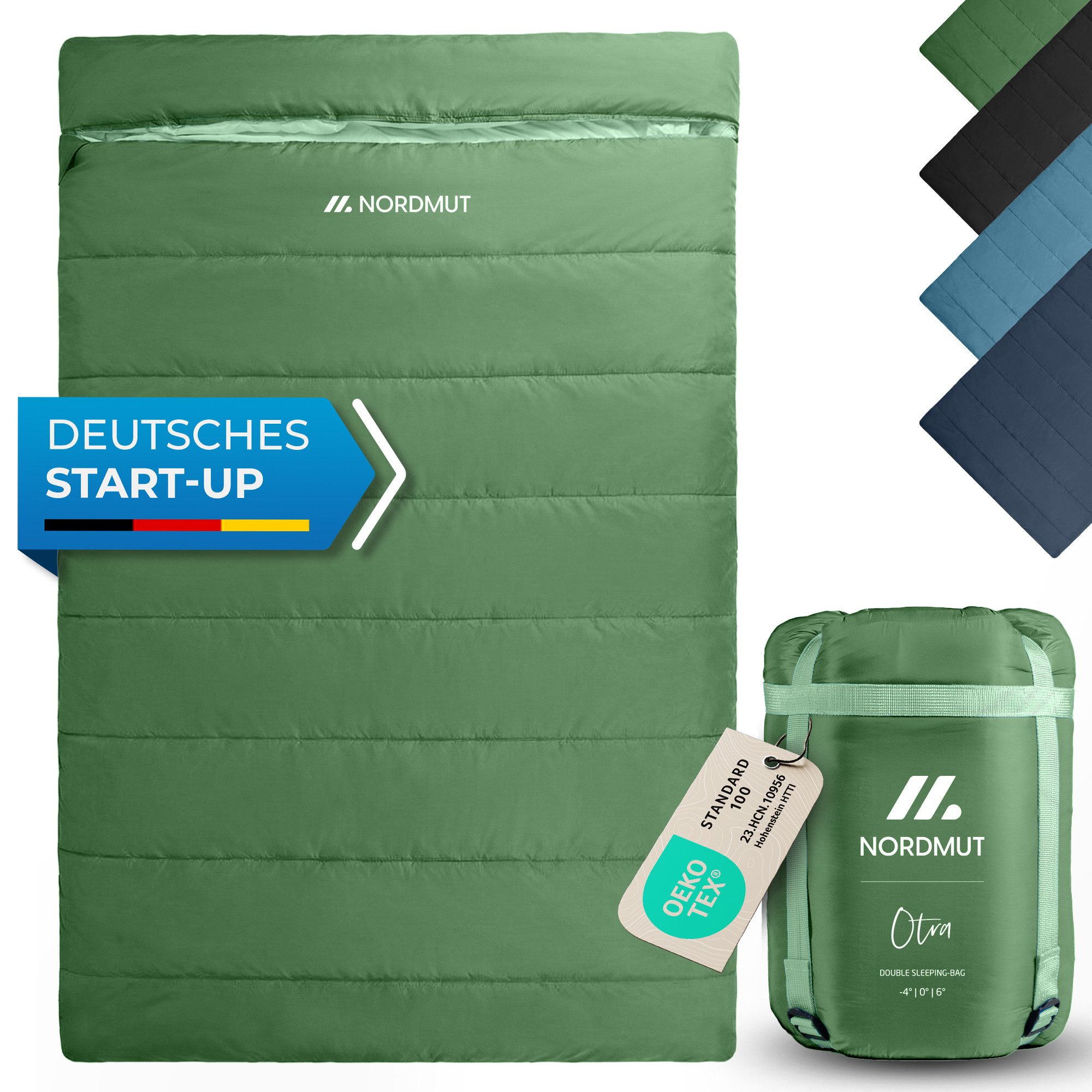 Nordmut Doppelschlafsack 2 Personen Camping Schlafsack Outdoor 150x220 cm warm 2-Weg YKK-Zipper (Spar-Set, 2 tlg., Nordmut Otra + Kompressionsbeutel), als Decke, atmungsaktiv, Hollow-Fiber, 3 Jahreszeiten, für draußen