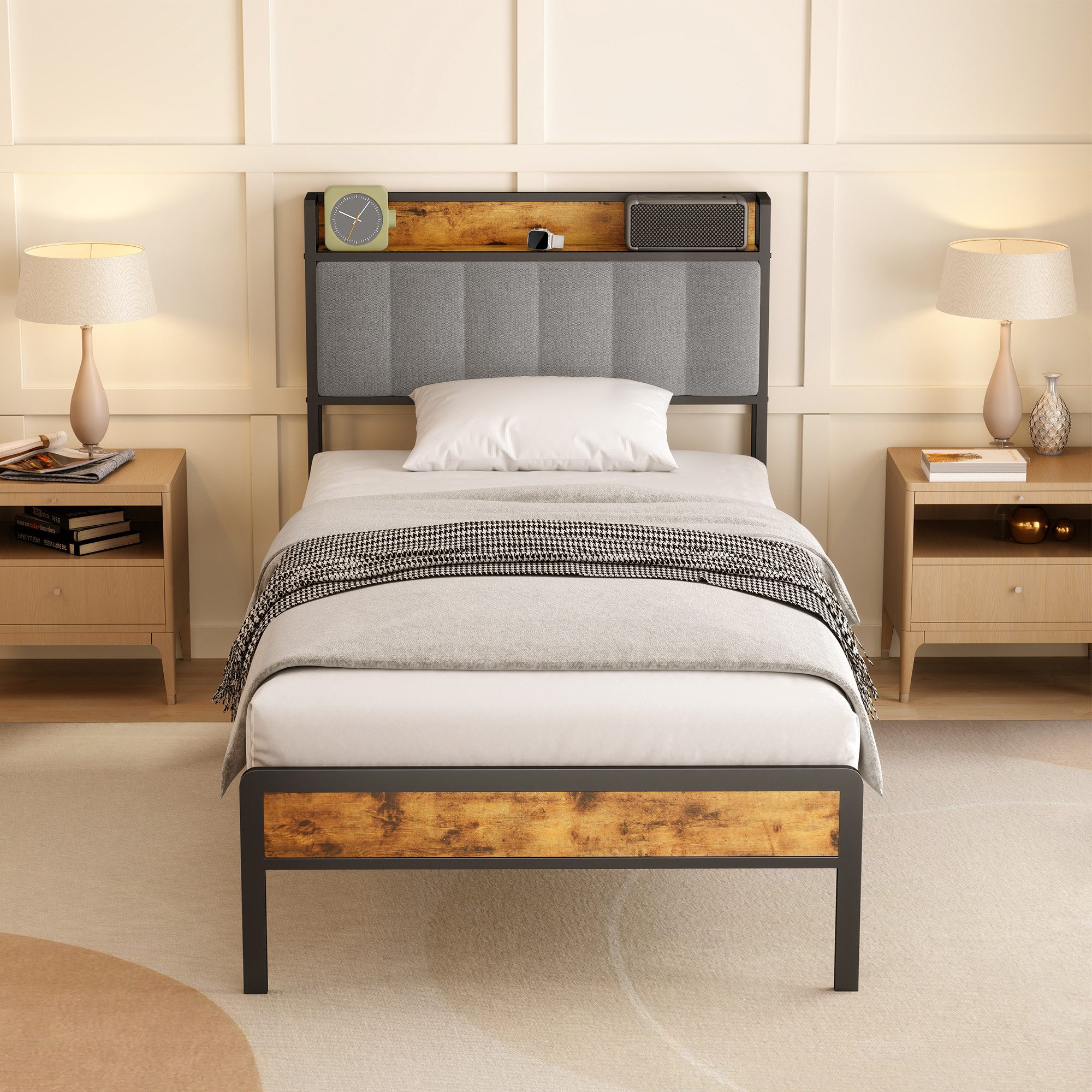 Bealife Polsterbett Einzelbett,Bettgestell mit Kopfteil,Holzbett mit Metall (90x200/120x200/140x200cm)