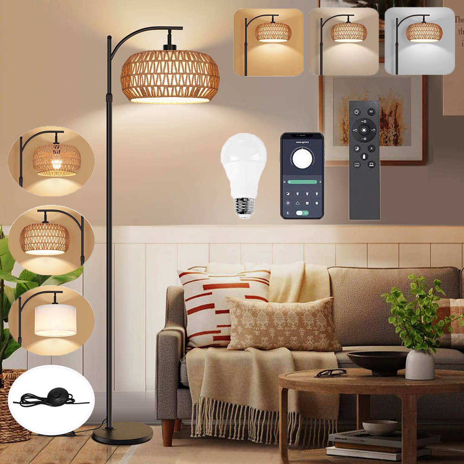 LED Stehlampe Rattan Stehlampe Dimmbar 12W Glühbirne, Sofalamp 3 Farb