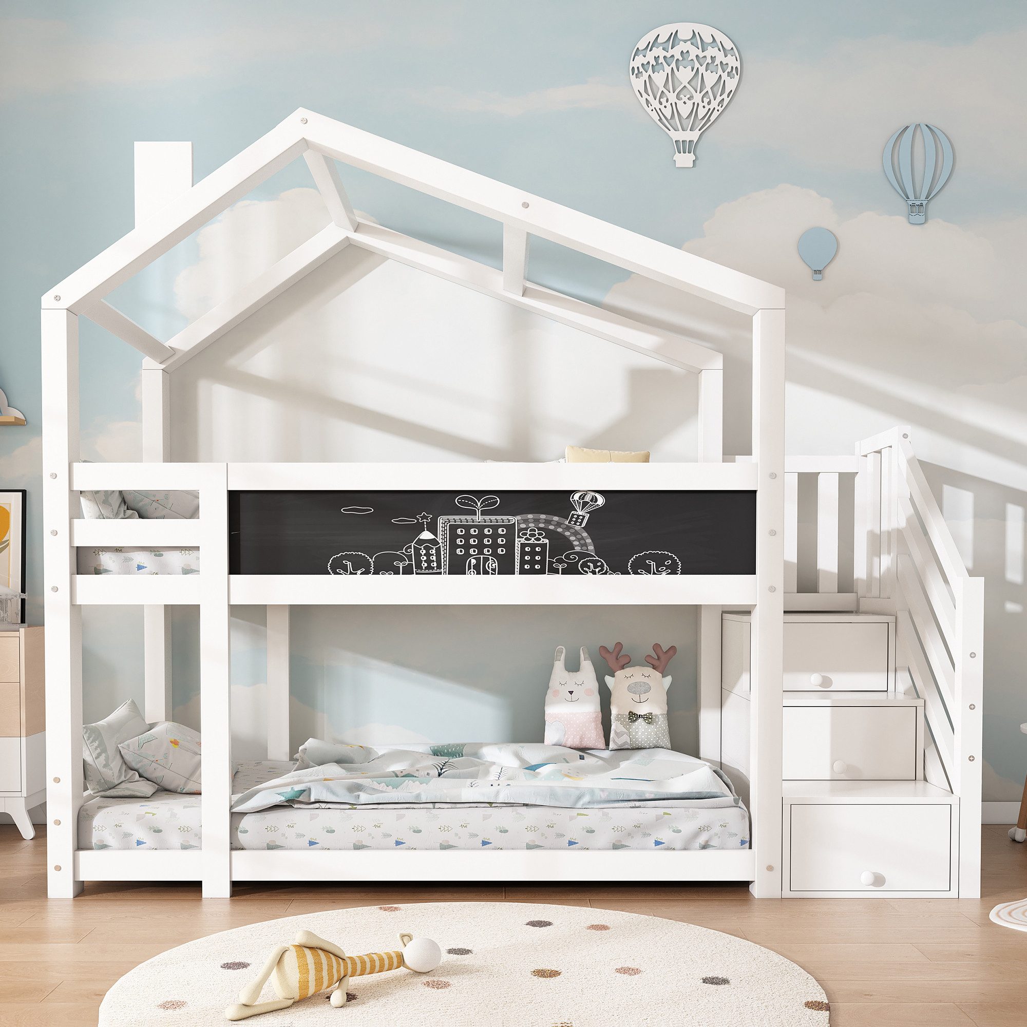 Flieks Etagenbett, Hochbett Hausbett mit Stauraumtreppe günstig online kaufen