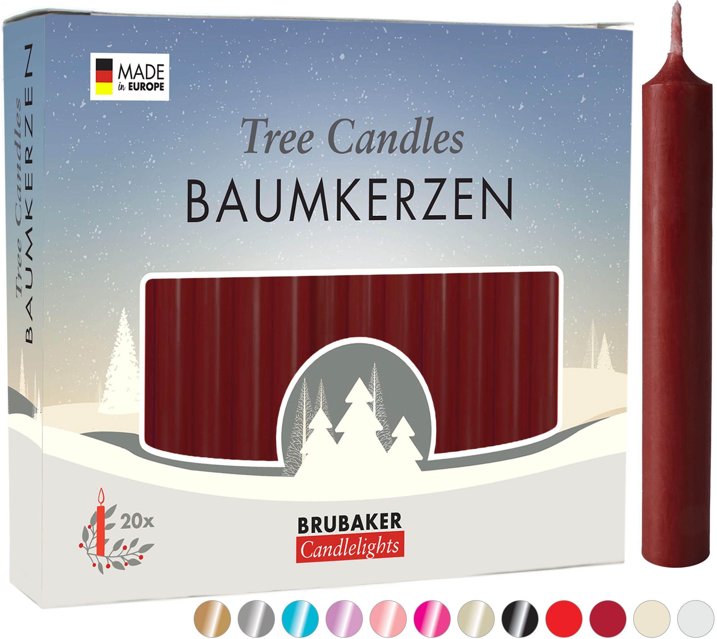 BRUBAKER Tafelkerze Baumkerzen aus Wachs (1 Packung Christbaumkerzen, 20-tlg., Wachskerzen für Weihnachtsdekoration, bunte Weihnachtskerzen), rauchfreie und geruchsneutrale Pyramidenkerzen