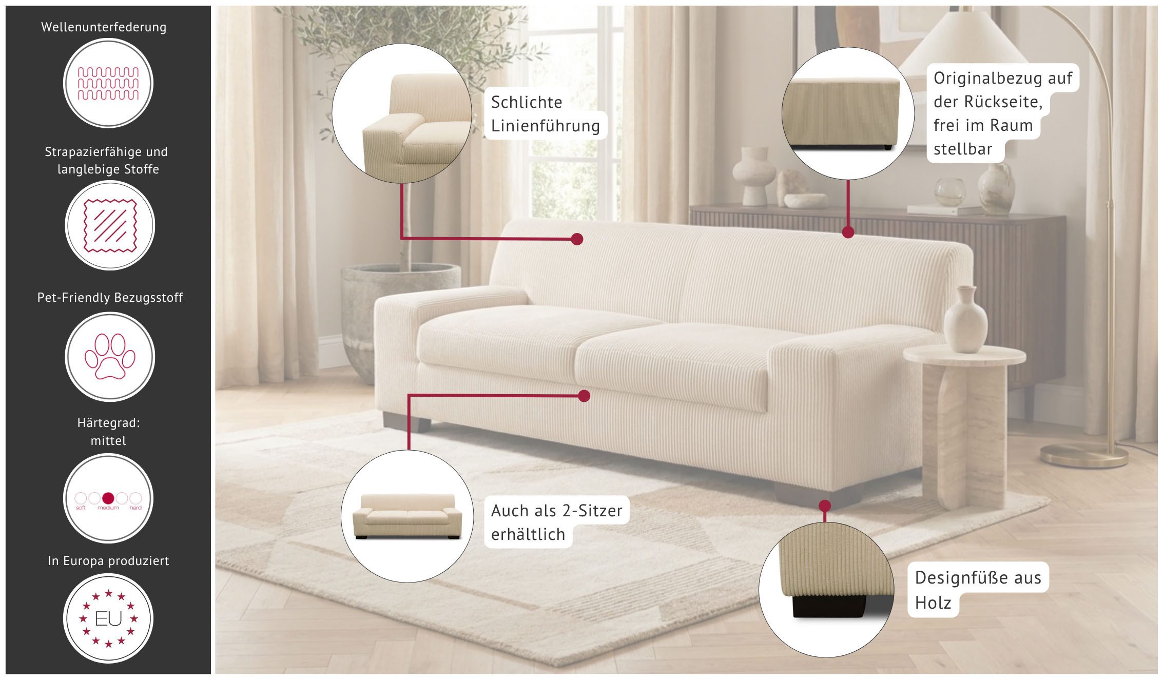 OTTO home 3-Sitzer Faxxe 212 x 85 cm, zeitlos und elegant, mittelfeste Polsterung, aus haustierfreundlichem Pet Friendly Cord – Bild 3 von 5