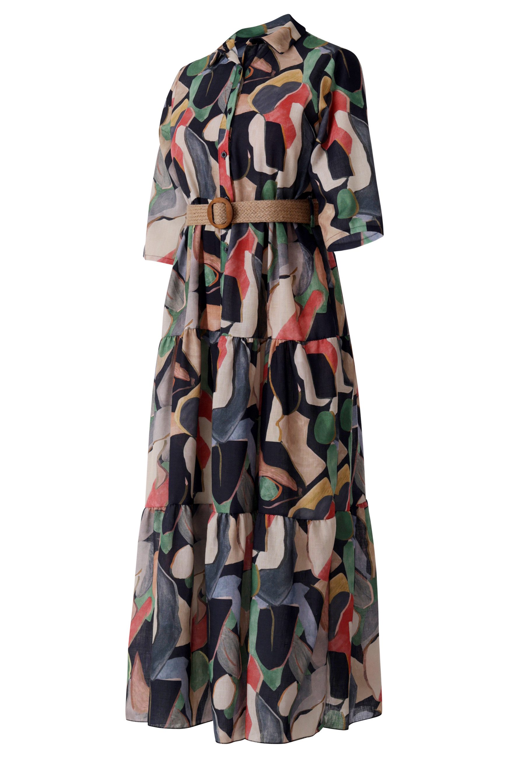 YC Fashion & Style Maxikleid Leinenkleid mit Bindegürtel & Stufenrock mit Alloverdruck