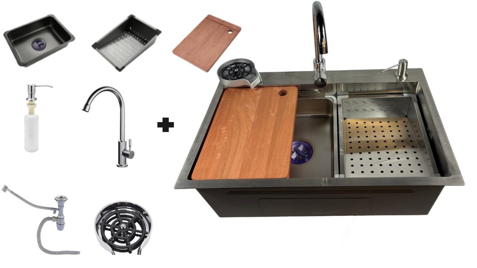 Faizee Möbel Edelstahlspüle Edelstahlspüle Quantum 75x45 cm – Küchenspüle mit Zubehör