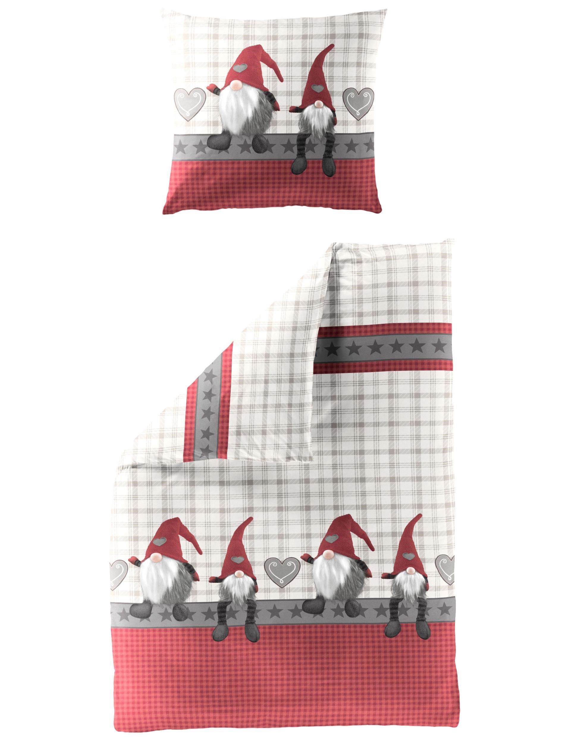 BIERBAUM Babybettwäsche Bierbaum Biber Bettwäsche 135x200 Sterne Wichtel Karo grau rot 6946-01, Biber, 2 teilig, kuschelig warm