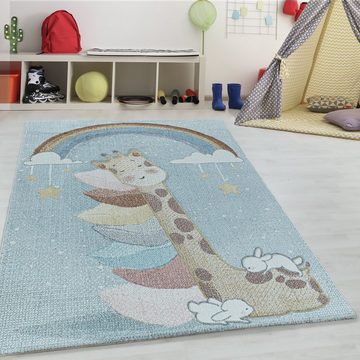 Teppich Giraffen-Design, Teppium, Rechteckig, Höhe: 9 mm, Kinderteppich Giraffe-Design Blau Pflegeleicht Teppich Kinderzimmer