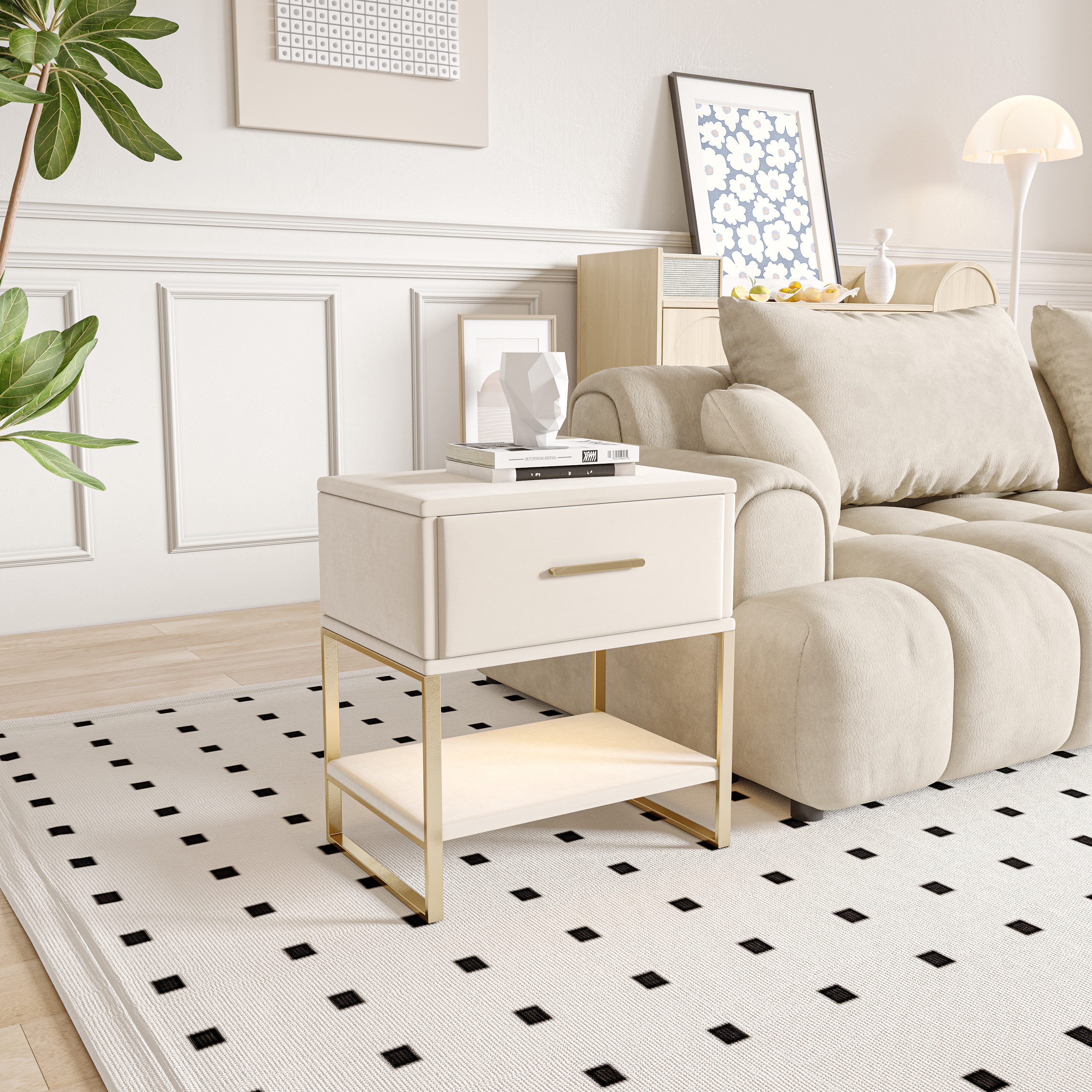 FUROKOY Nachttisch 2er set Nachtschrank mit Schubladen, Beistelltisch mit Metallbeine (Sofatisch Beistelltisch mit 1 Schubladen, Beige Samt), Schubladenschrank  – Bild 4 von 5
