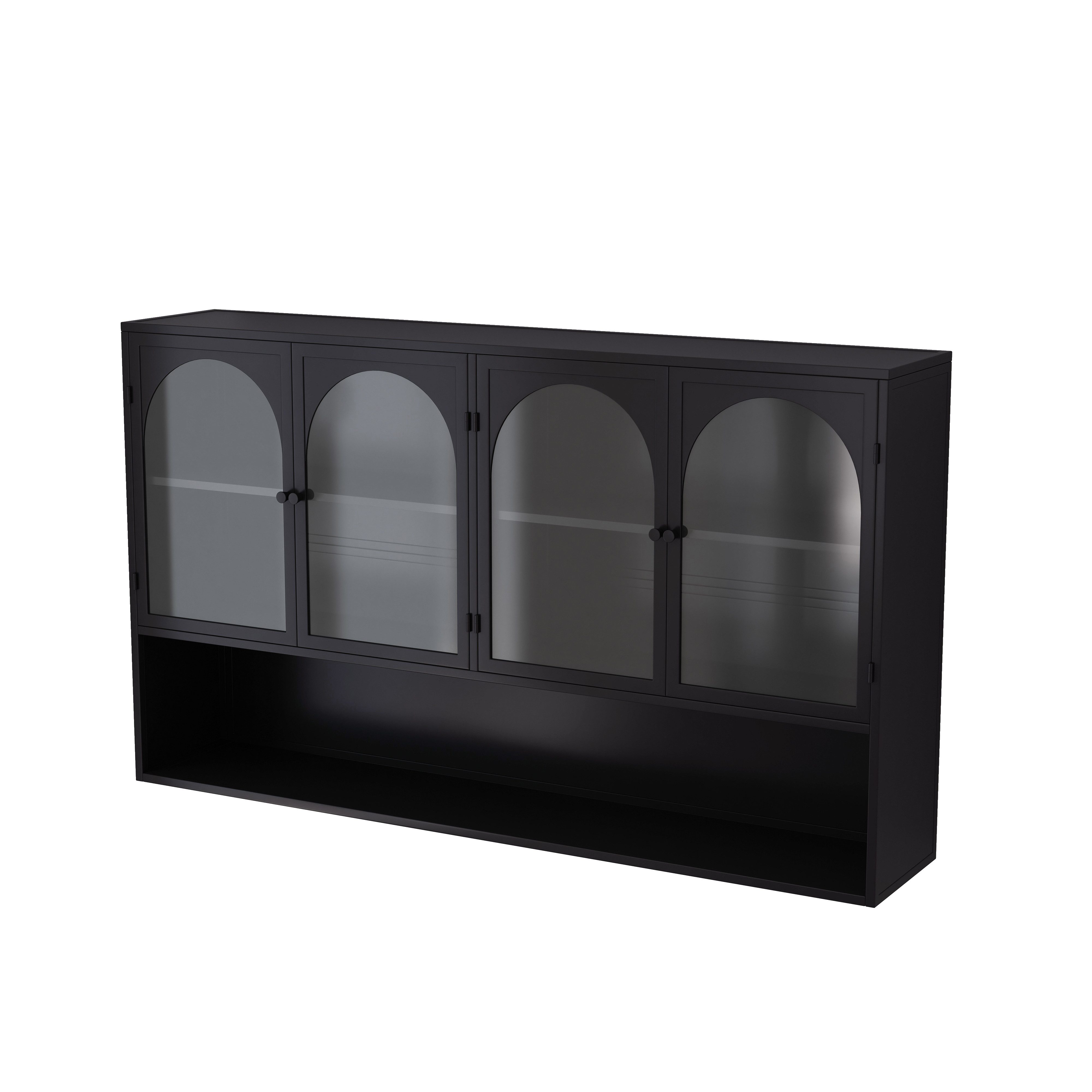 Celya Wandhängeschrank 120 cm vier Türen Glas Wandschrank Aufbewahrung, Wandmontage, geeignet für Küche, Wohnzimmer, Badezimmer, Schwarz – Bild 5 von 5