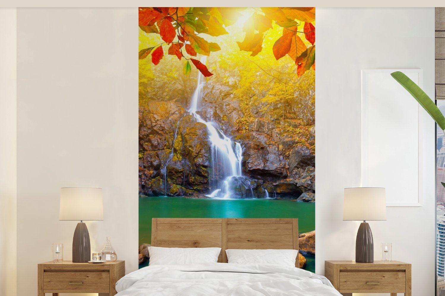 MuchoWow Fototapete Steine - Baum - Wasserfall - Herbst - Rot, Matt, bedruckt, (2 St), Vliestapete für Wohnzimmer Schlafzimmer Küche, Fototapete