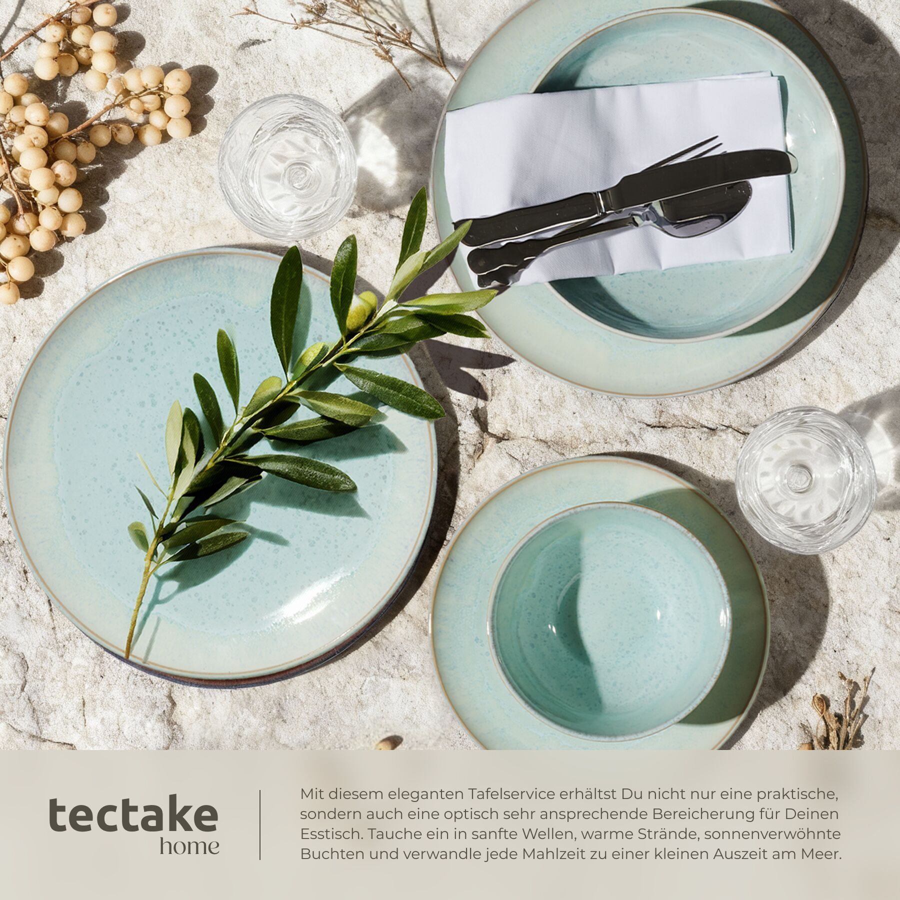 tectake Geschirr-Set Tafelservice aus Steingut für 6 Personen, ineinander stapelbar (24-tlg), 6 Personen, Steingut, handgefertigt, mit Glasur, spülmaschinen- un – Bild 5 von 5