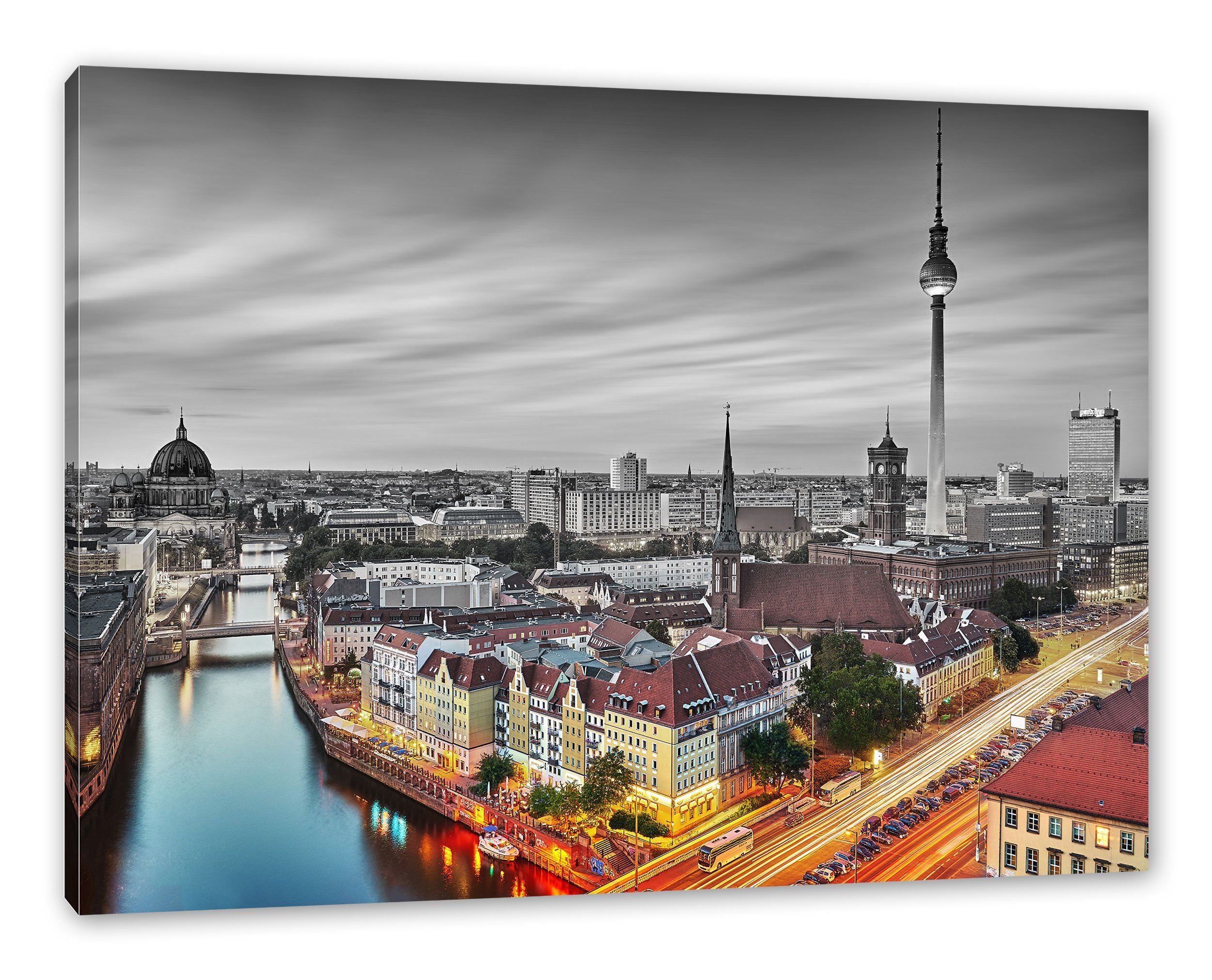 Zackenaufhänger Panorama, Berlin fertig Leinwandbild Pixxprint inkl. (1 bespannt, Leinwandbild Berlin City Panorama City St),