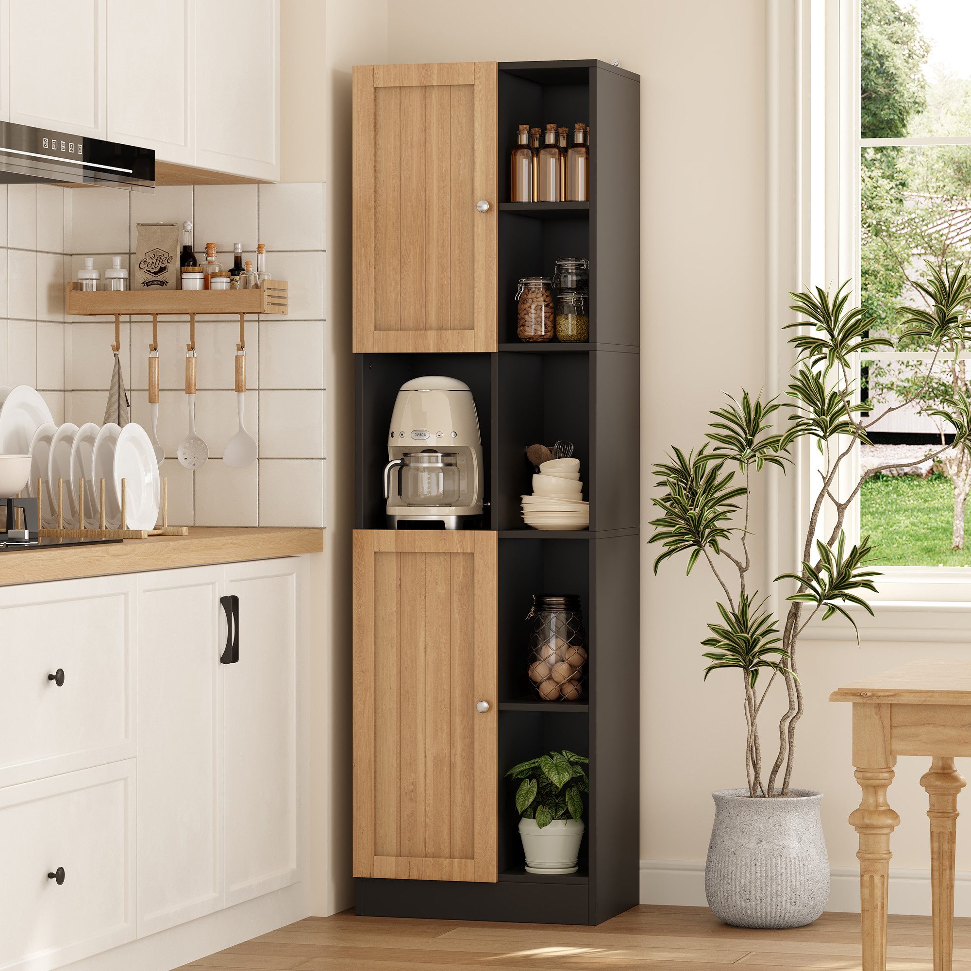 Fine Life Pro Sideboard Eckschrank Anthrazit/Eiche,2 Türen,6 offene Regale,Böden verstellbar