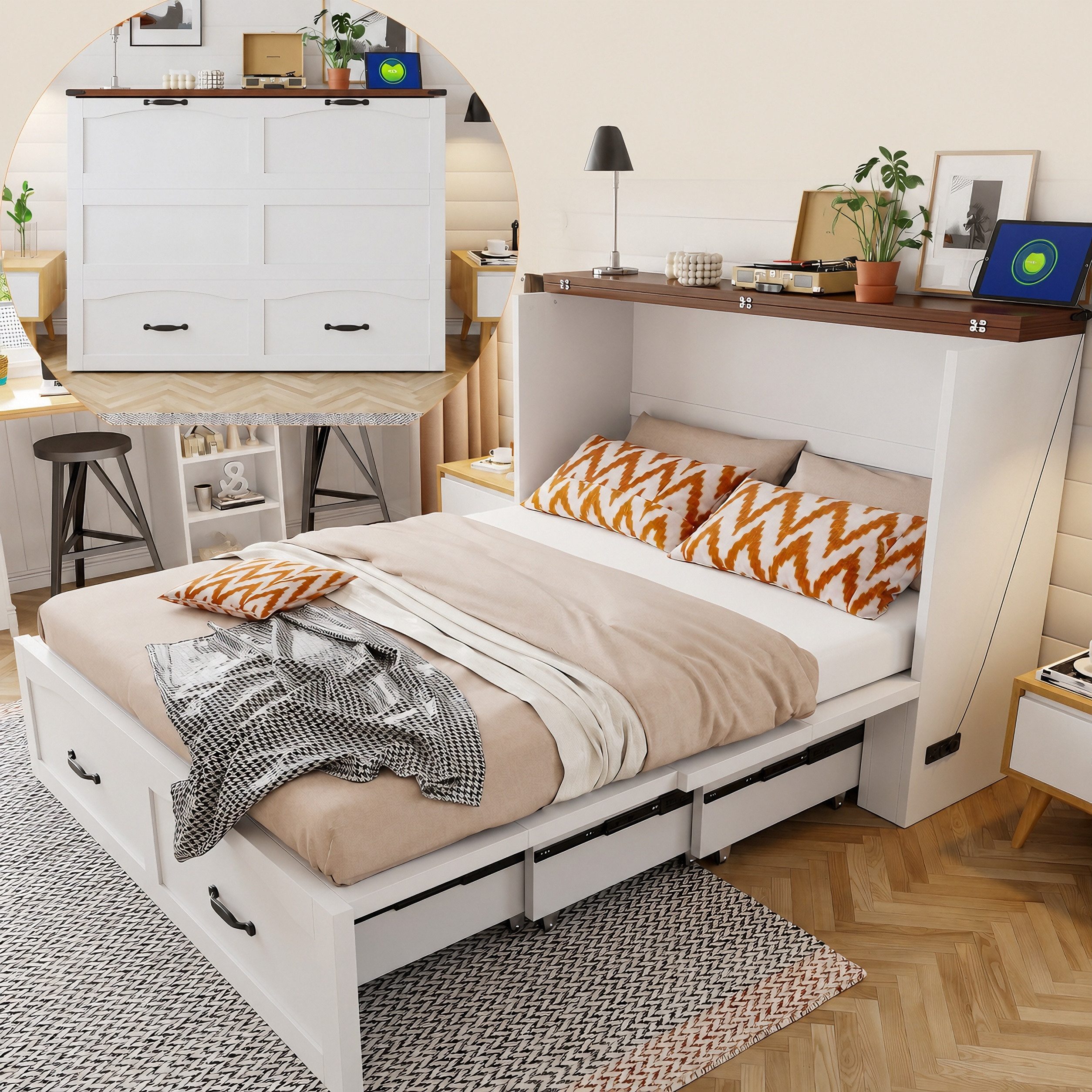 Flieks Schrankbett Klappbett Ausziehbett Holzbett 140x200cm mit Steckdose