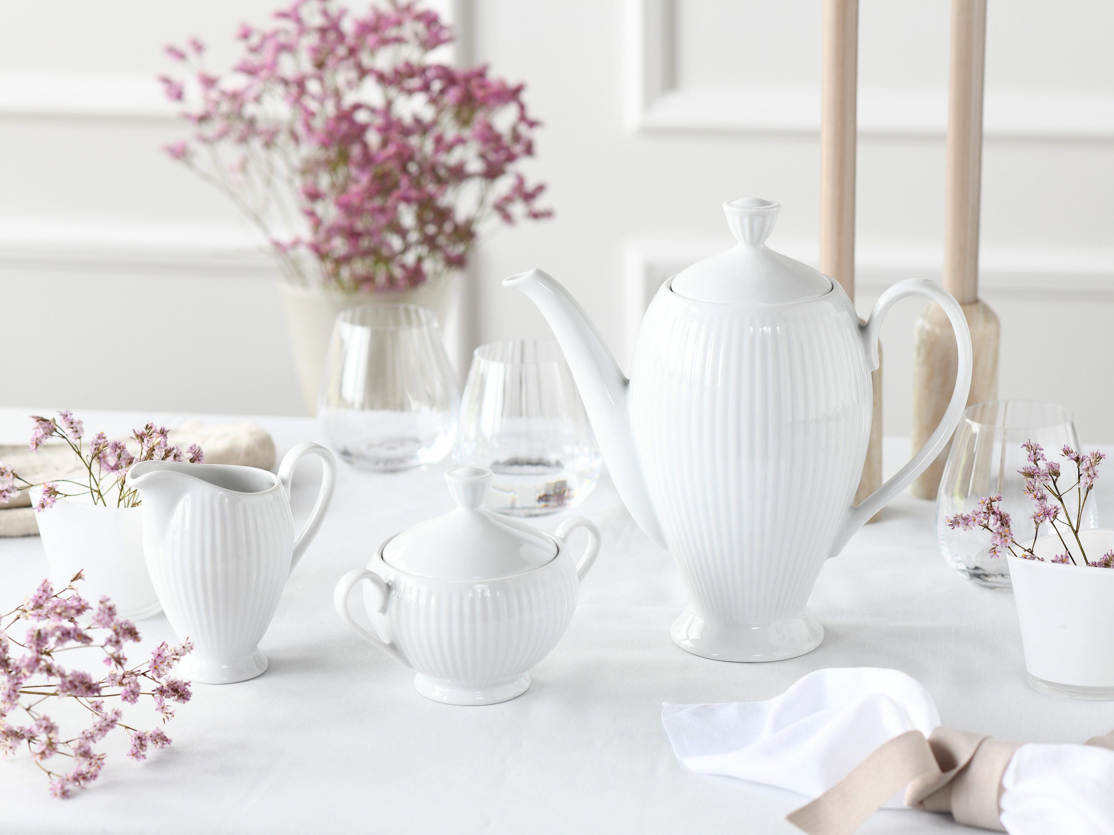 CreaTable Kaffeeservice Valencia Weiß, Kaffeegarnitur 3-tlg (3-tlg), 1 Personen, Porzellan, Elegant, Boho Chic