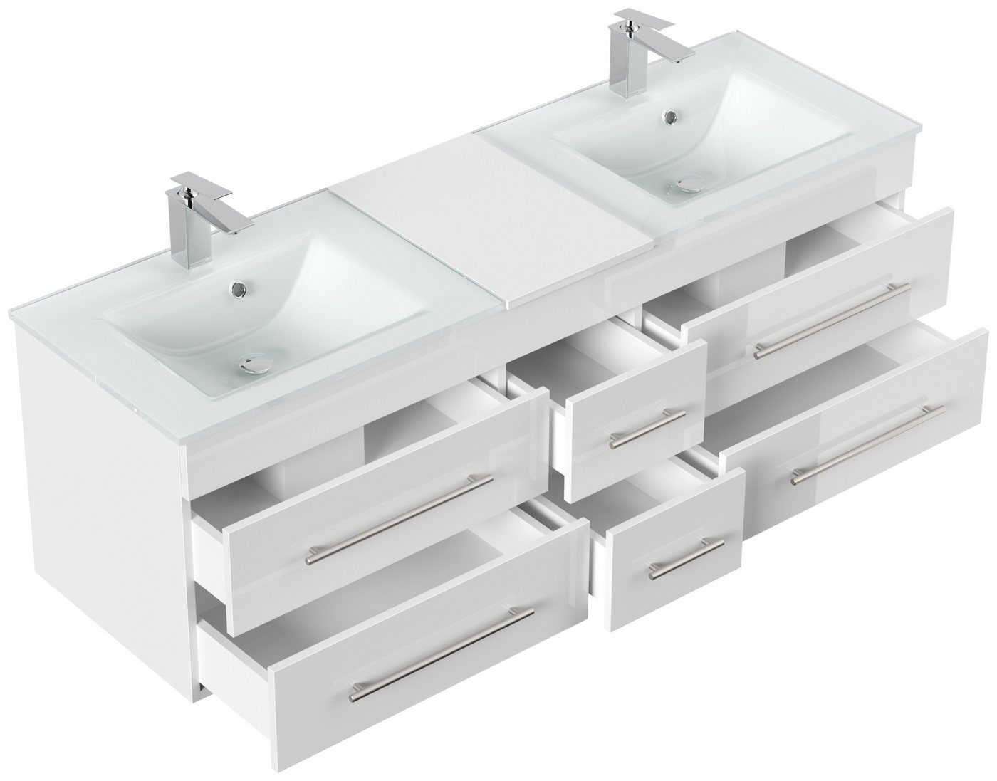 Thumbnail - Magnolia Home Doppelwaschtisch Badmöbel Vitro XL mit Doppel-Glasbecken SoftClose weiss hochglanz