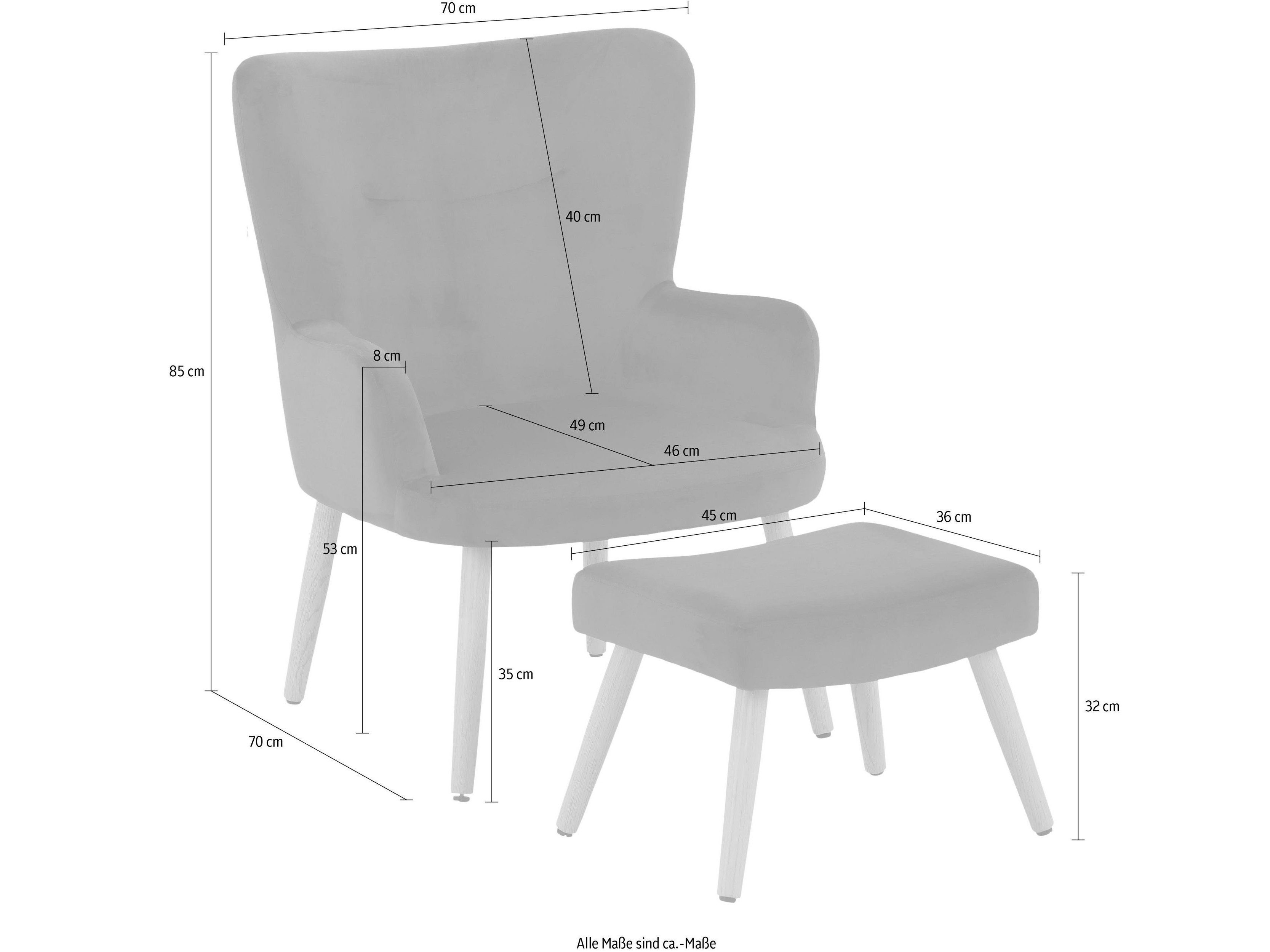 loft24 Sessel Cora - Relaxsessel, Fernsehsessel mit Hocker, Armlehnsessel (2-tlg. Set, 2-St., Sessel mit Hocker), Beine in Holzoptik, gepolstert, Knopfheftung, modern