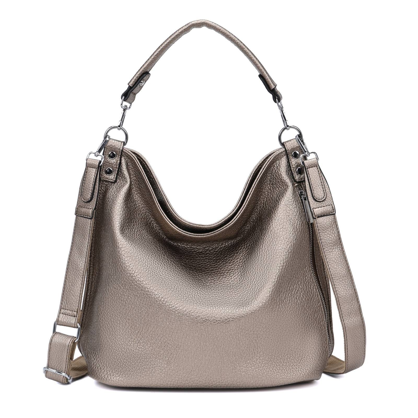 ITALYSHOP24 Schultertasche DAMEN XXL SHOPPER HOBO Cross Over Body Bag Umhängetasche Weekender (Spar-Set: Henkel Tasche mit Muster Schultergurt, Workbag Leder Optik, 2-tlg), große 3xFach geteiltes Hauptfach, Freizeit Abend Urlaub, Leder Optik