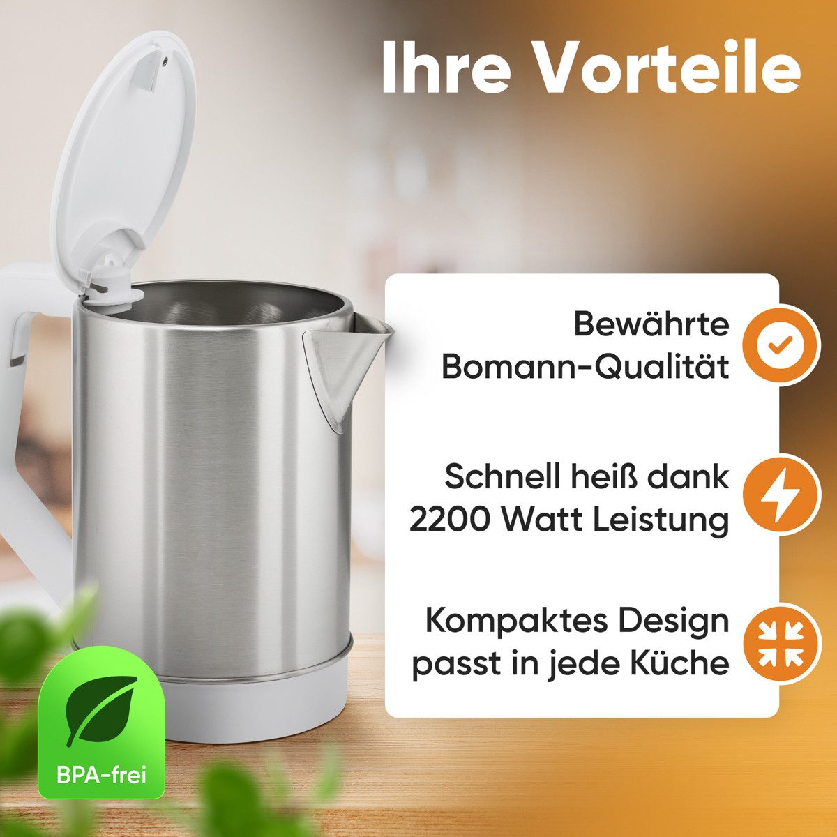 BOMANN Wasserkocher WKS 3002 CB, Wasserkocher Edelstahl, 1,5 Liter, BPA frei