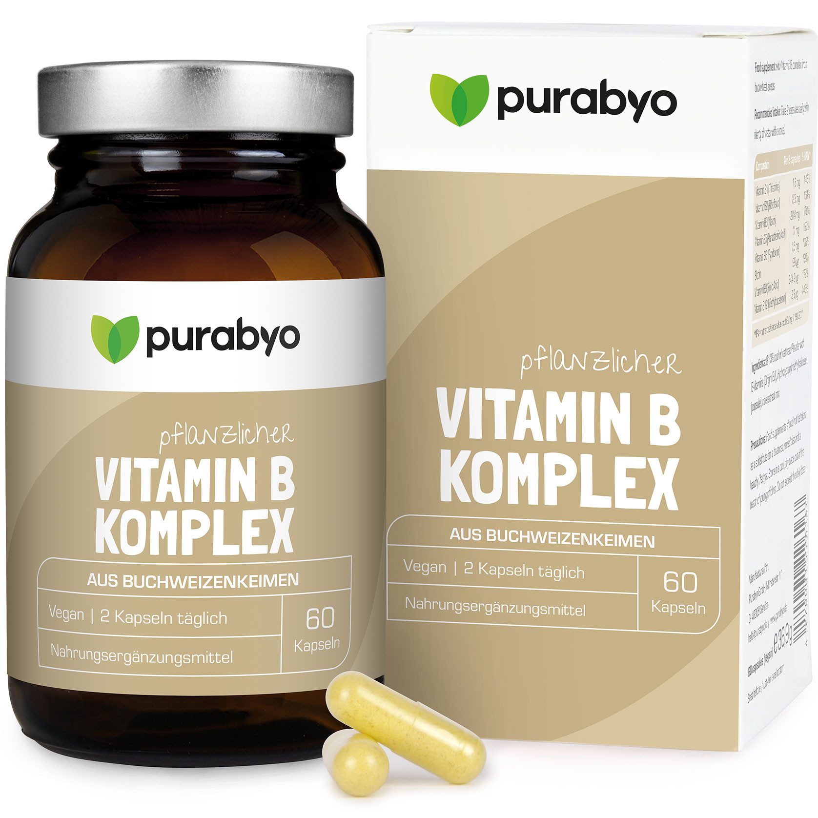 Purabyo Vitamin B Komplex, pflanzlich, in EU Bio Buchweizen, im Glas Kapseln, 1 er 60 St., 36 g