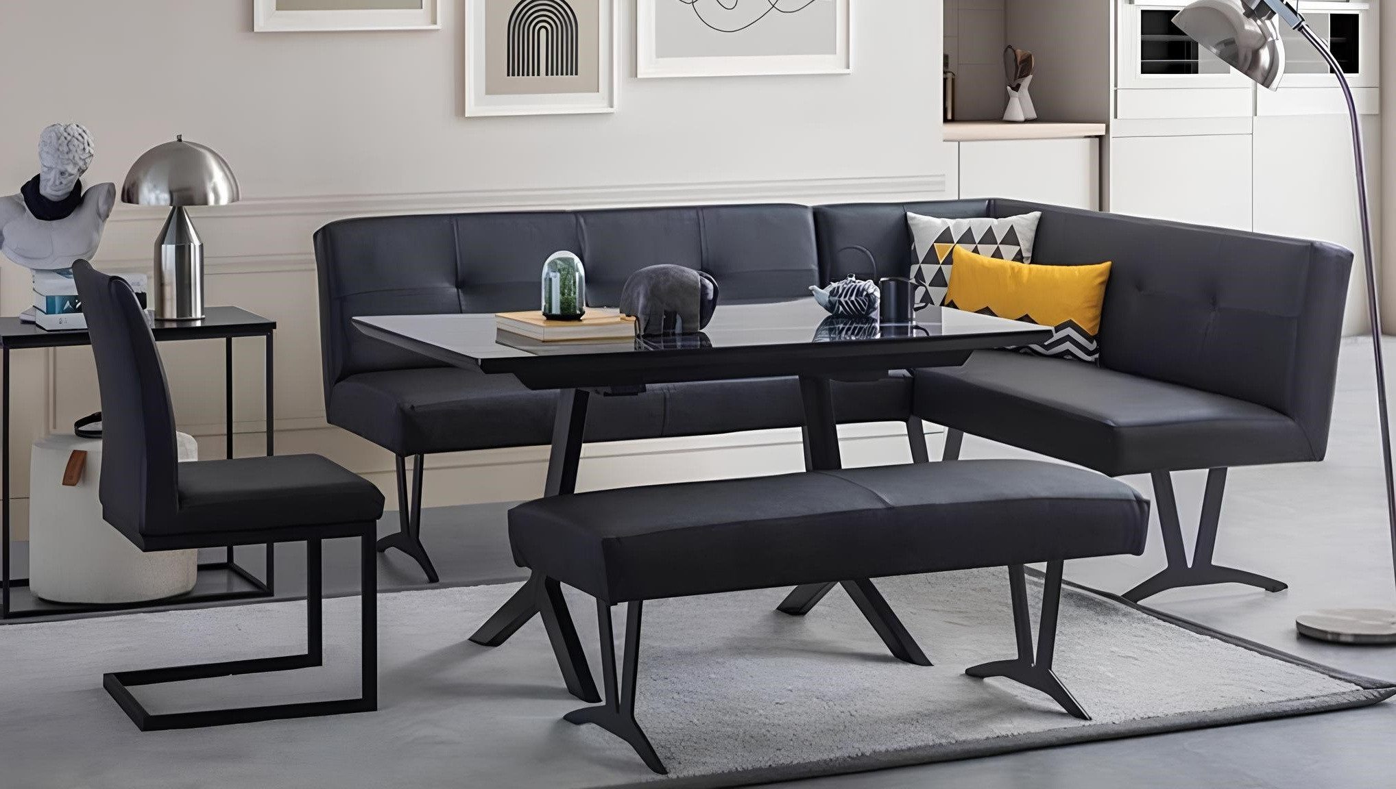 Xlmoebel Essgruppe Schwarzes Esszimmer-Ensemble mit Leder Eckbank und Stühlen, (Essgruppe, 4-tlg., 4tlg.Esszimmer Set (Esstisch+bank+Stuhl+Eckbank), Hergestellt in Europa