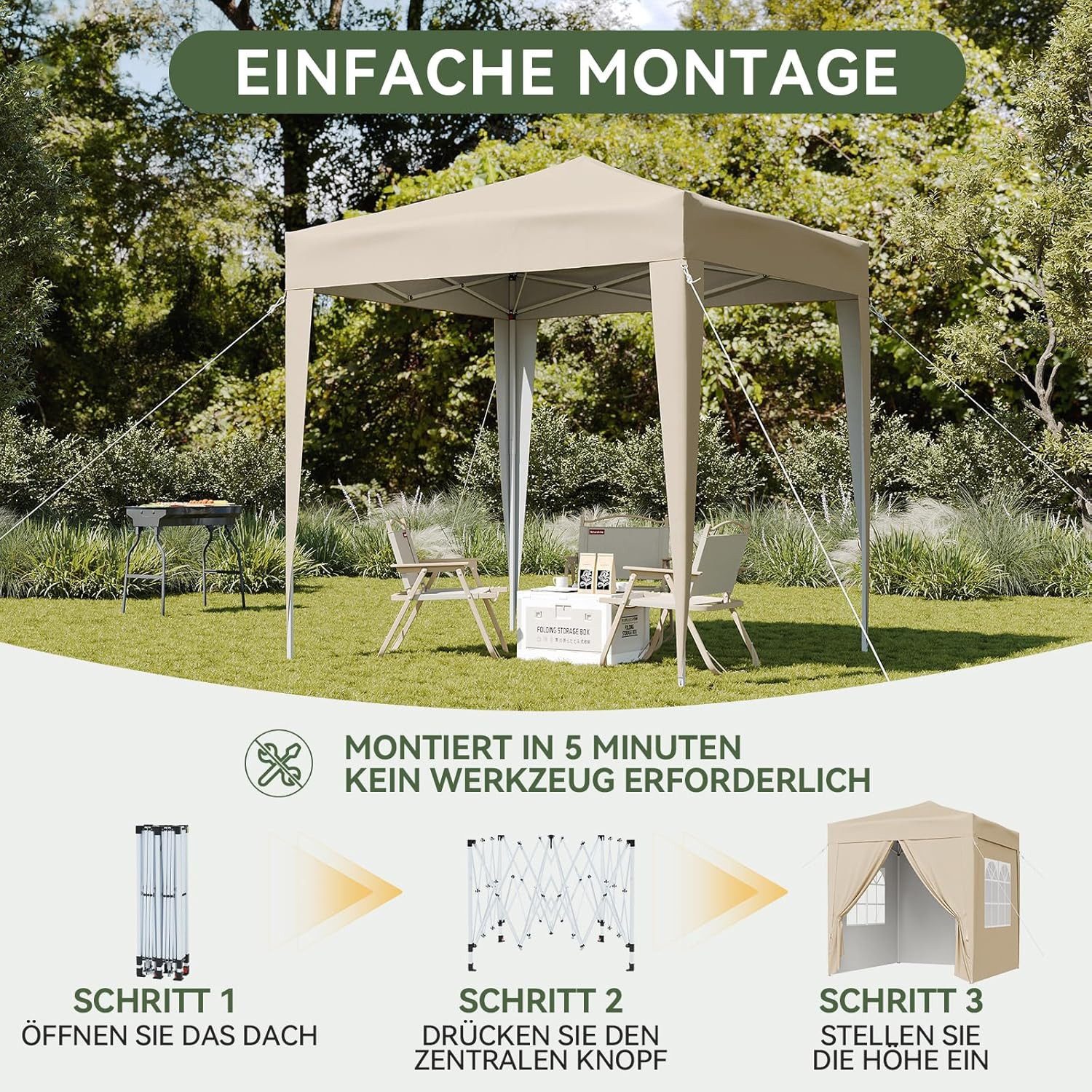 AOXUN Pavillon 2x2m Wasserdicht mit 4 Seitenwänden,Grau, für individuell anpassbare Belüftung, in drei Höhen verstellbar – Bild 4 von 5