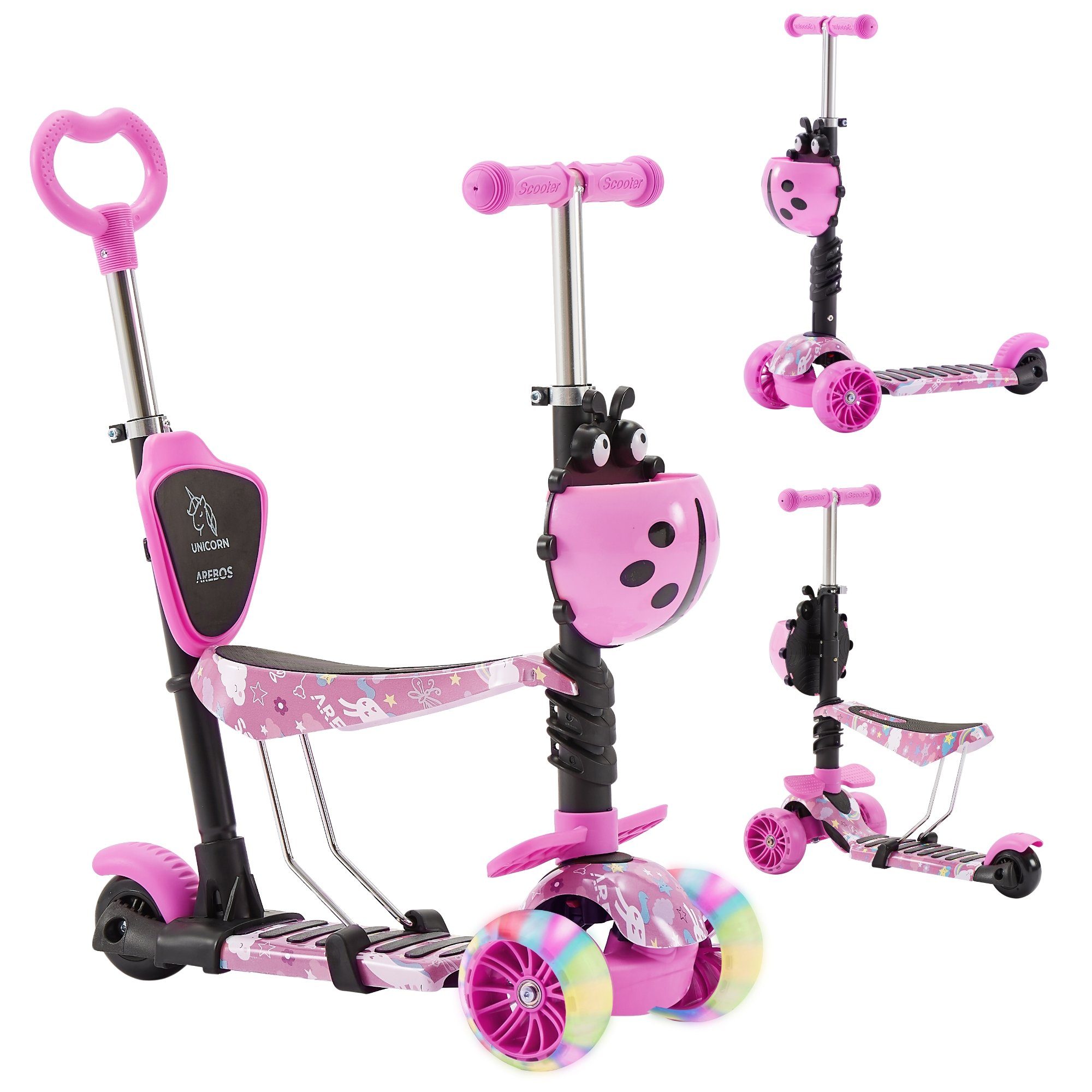 Scooter Kinder Cityroller, Pink Tretroller, LED-Räder Arebos