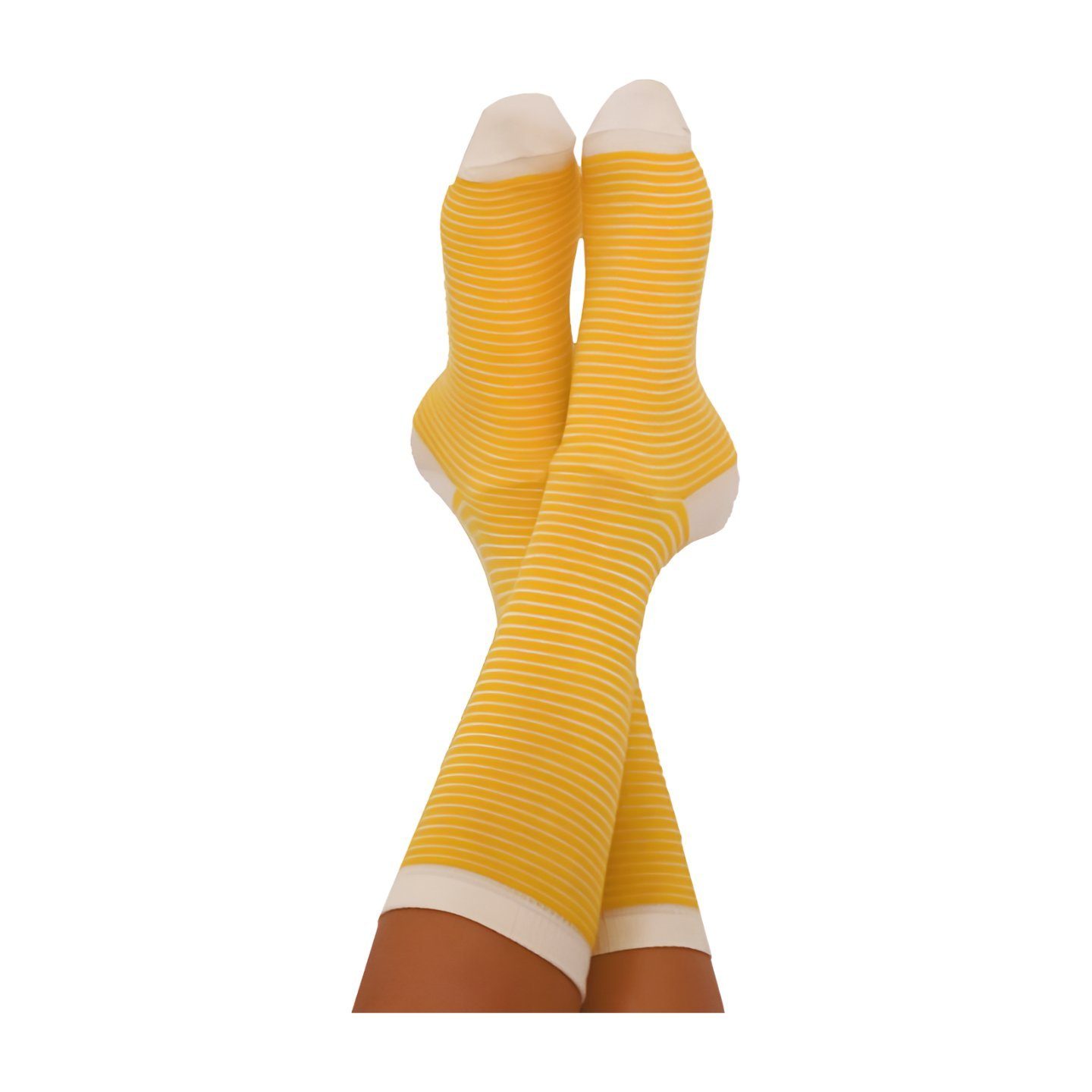 Albero Natur Socken Damen Socken, Hochwertige gelbe und naturfarbend  gestreifte Socken in klassischer Sockenhöhe