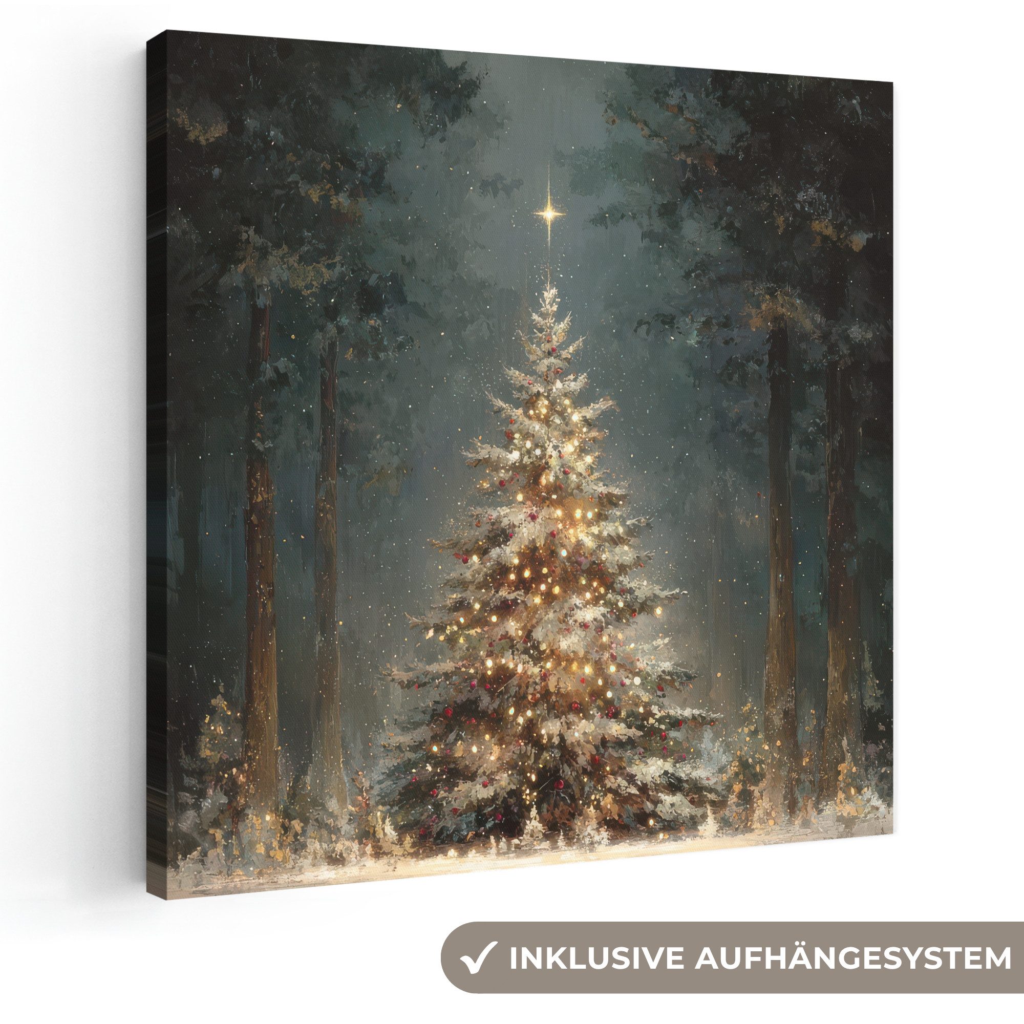 OneMillionCanvasses® Leinwandbild Weihnachtsbaum - Wald - Schnee - mehrfarbig, Fotodruck (1 St), Wandbild, Deko Schlafzimmer Wohnzimmer Flur 20x20 cm
