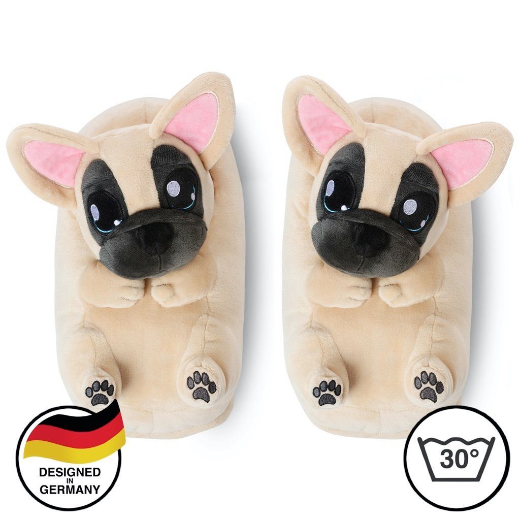 Corimori Tier Erwachsene Herren, für Frenchie Pantoffeln Plüsch Witzige, Erwachsene, Damen, lustige Einheitsgröße Plüsch Hausschuhe 34-44 (beige) Tier-Hausschuhe, "Zorro" der