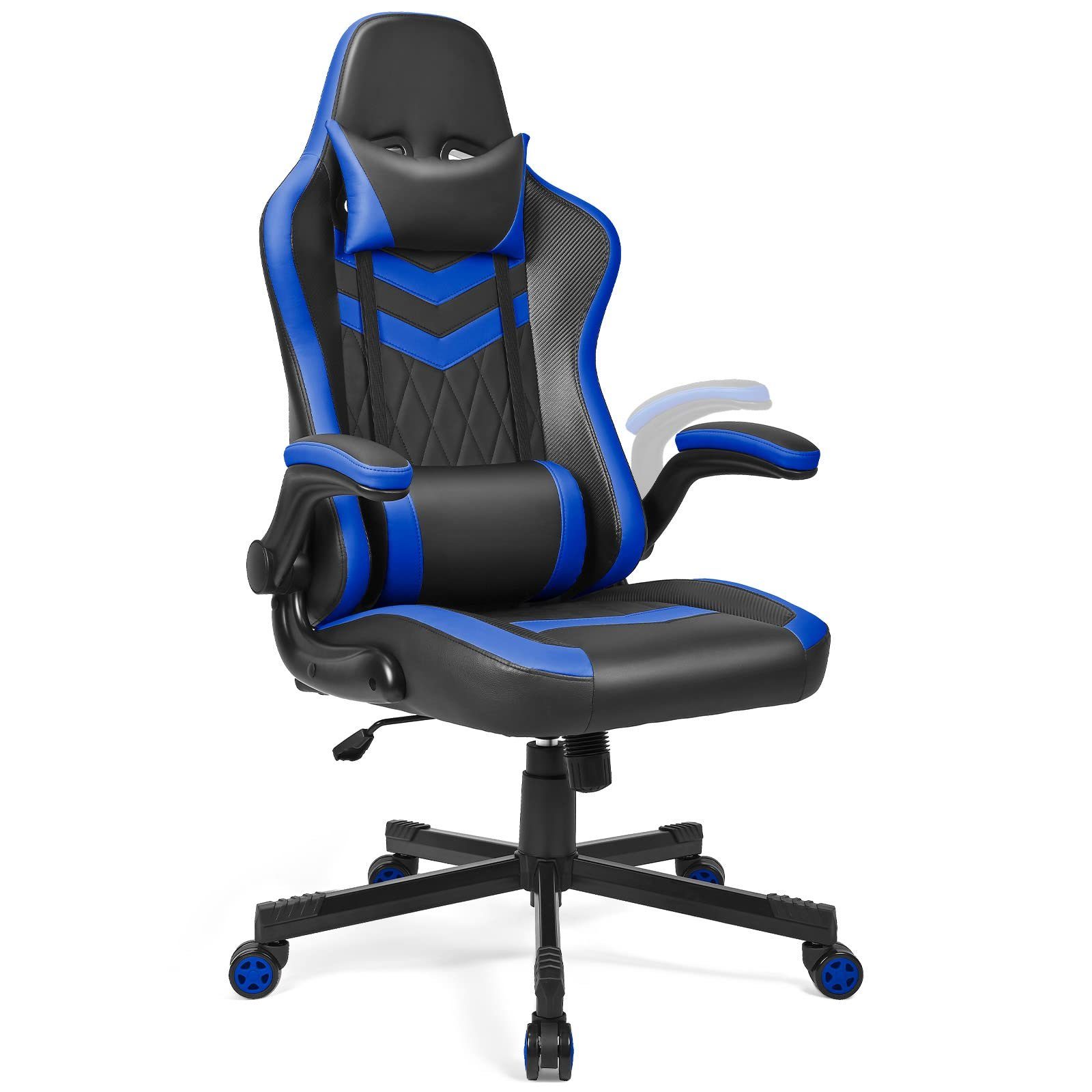 Fangqi Bürostuhl Ergonomischer Bürostuhl, Computer-Gaming-Stuhl, 150kg (Klappbare Armlehnen, breite Sitzfläche, hohe Rückenlehne, Kopfstütze, Lendenkissen 360° drehbar) Blau