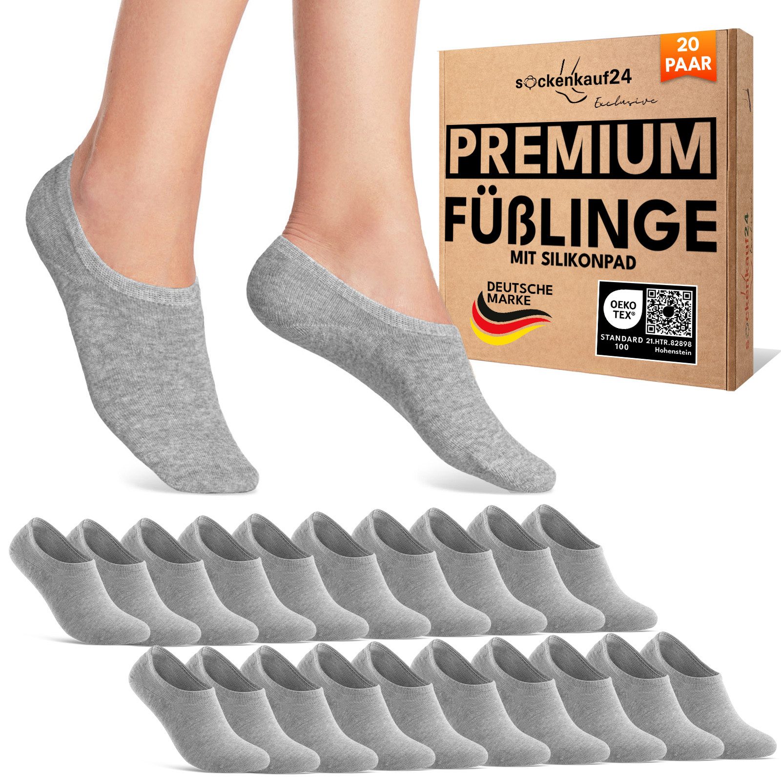 sockenkauf24 Füßlinge 10 Paar Premium Füßlinge Sneaker Socken Damen Herren Baumwolle (20-Paar) invisible Socks ohne Naht mit Silikonpad gegen Verrutschen - 70106T