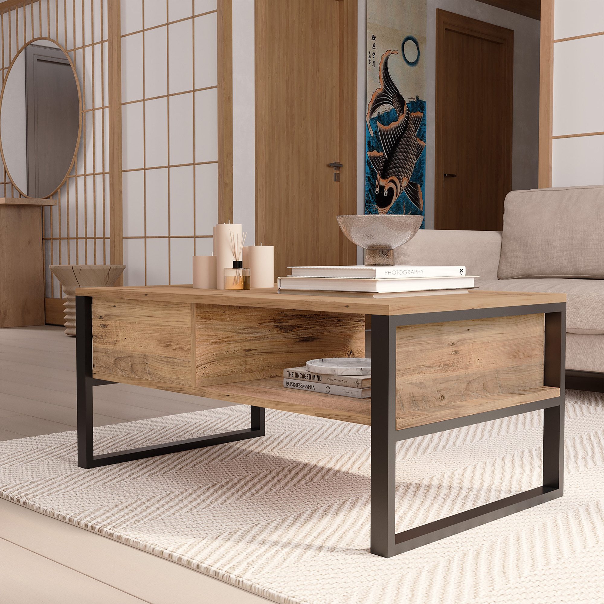 en.casa Couchtisch, »Laukaa« rechteckig Metallgestell 100 x 60 x 45 cm Eicheoptik rustikal