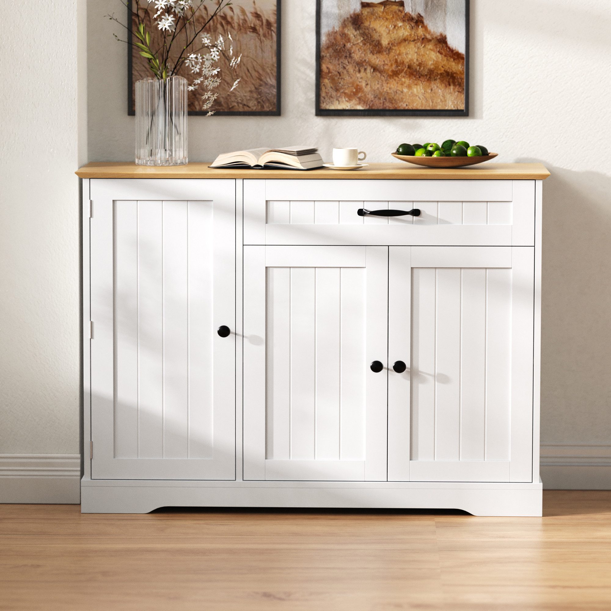 BlingBin Sideboard Küchenschrank mit Türen und Schublade, Buffetschrank, 115 × 40 × 87 cm (1er Set, 1 St., Abmessungen: 107 x 40 x 84 cm, Gewichtskapazität: 40kg), Buffetschrank für Esszimmer, Wohnzimmer und Diele, Weiß & Natur