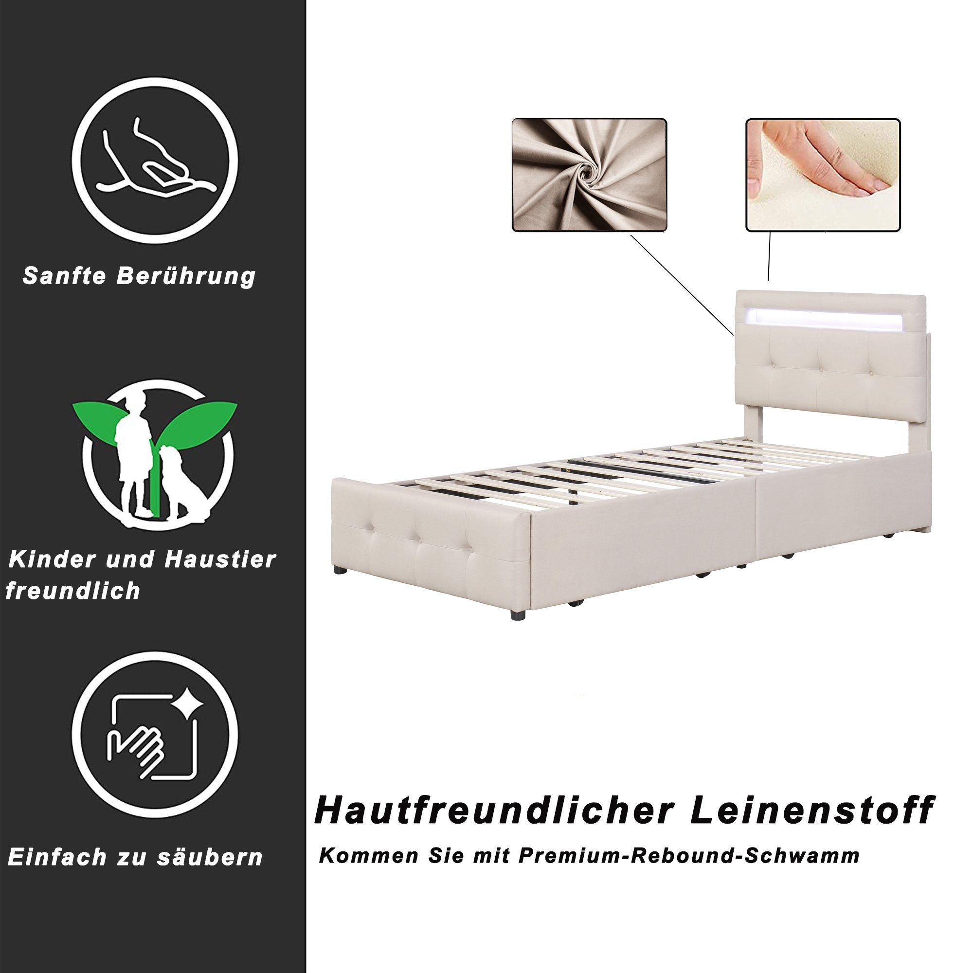 REDOM Bett Einzelbett Kinderbett Jugendbett, 2 Polsterbett LED-Leuchten, beige Schubladen, flach), Matratze Leinenpolsterung 90*200cm Ohne (mit hautfreundlicher