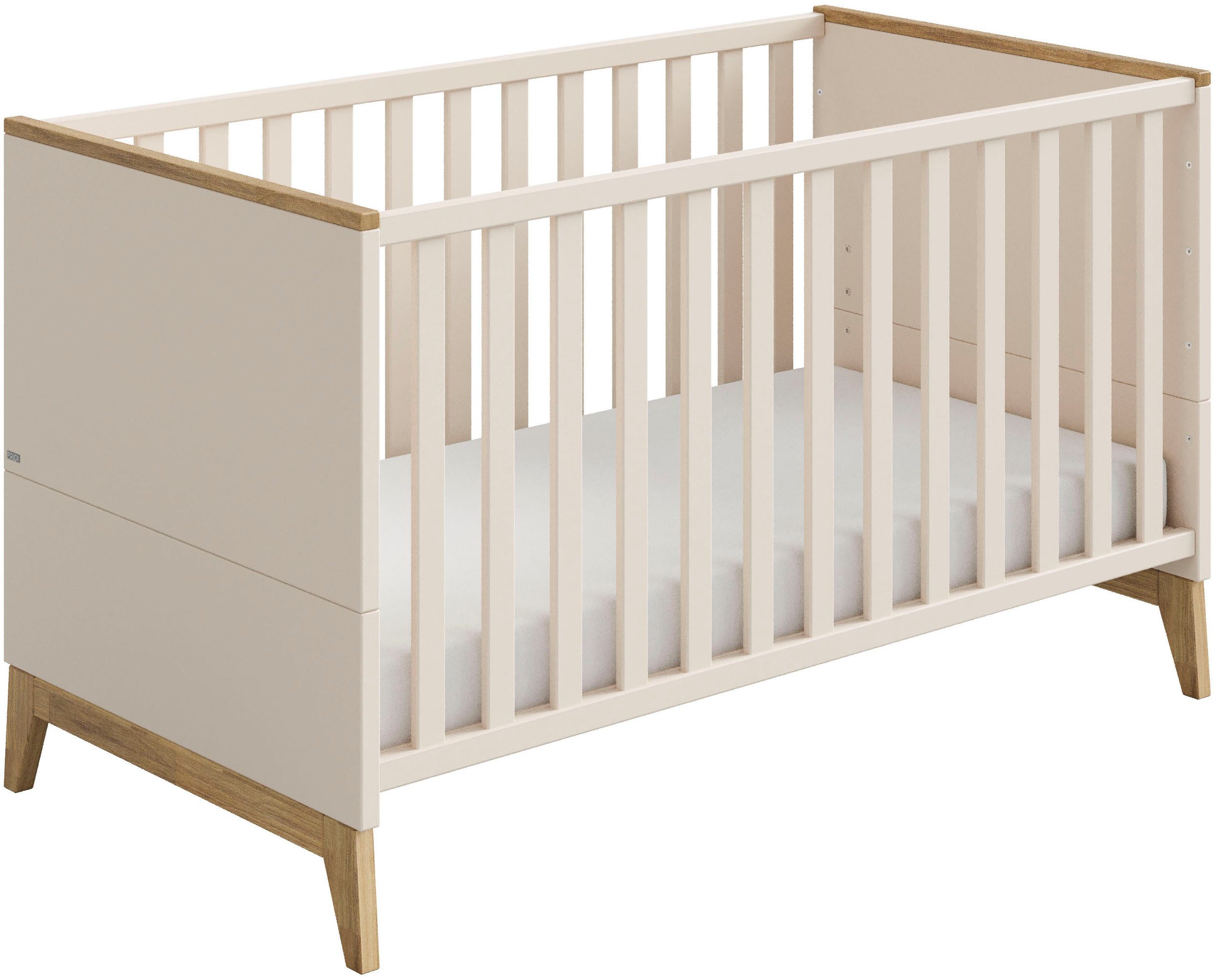PAIDI Babybett STIENE 70x140cm in Beige oder Grau, umbaubares Bett mit Massivholz, Gitterbett 4-fach höhenverstellbar, entnehmbare Sprossen, Kinderbett