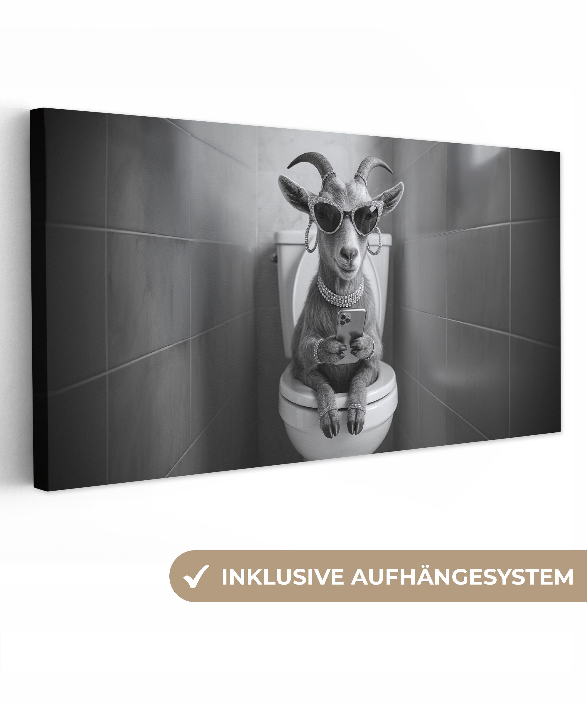 OneMillionCanvasses® Leinwandbild Panorama Ziege - Telefon - Toilette - Schwarz - Weiß, Fotodruck (1 St), Wandbild, Deko Schlafzimmer Wohnzimmer Flur 40x20 cm
