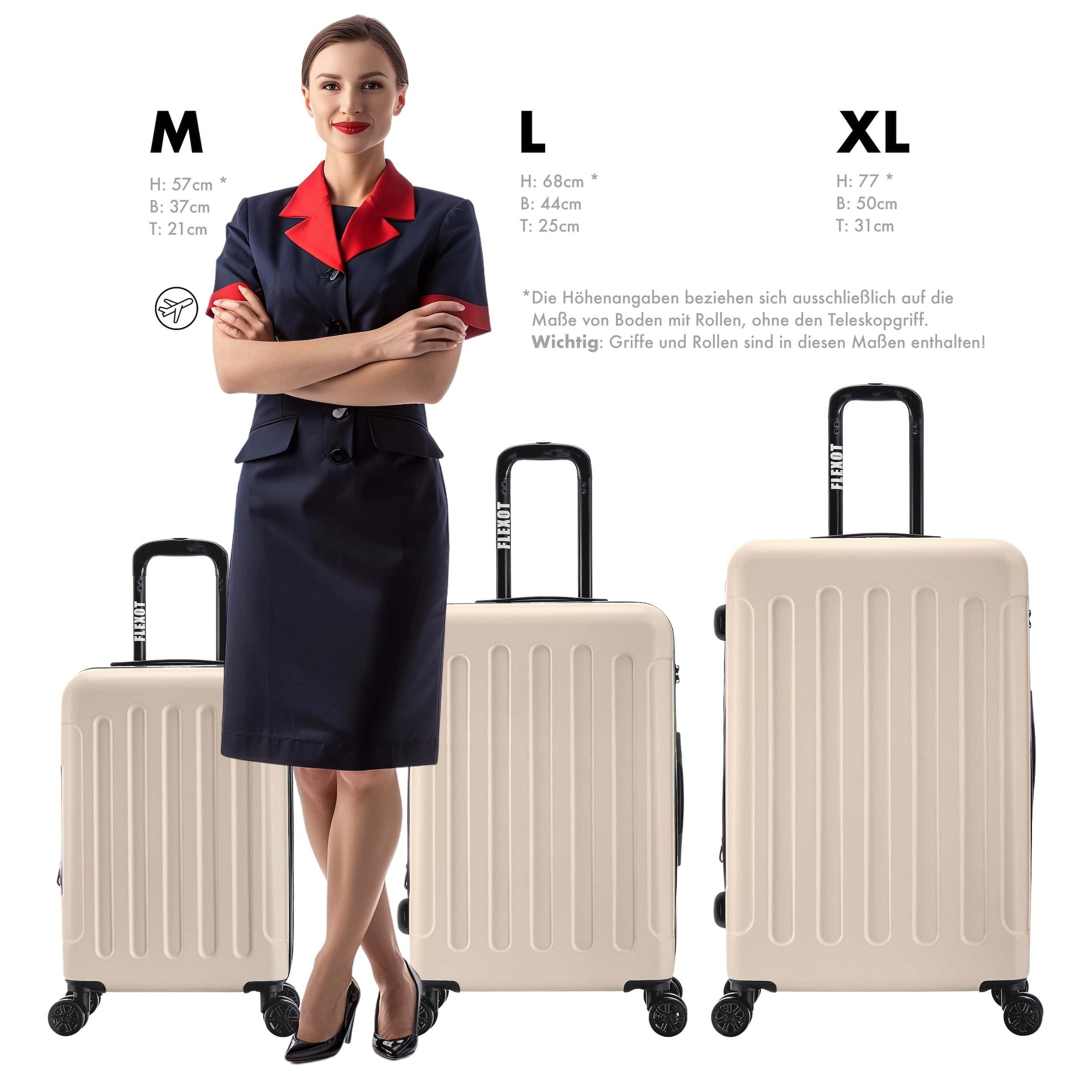 Flexot Hartschalen-Trolley F-3045 (Gr. M, L, XL) – Kofferset – ABS-Hartschale, 4 Rollen, Robuster und moderner Koffer mit vier 360° Rollen und Zahlenschloss