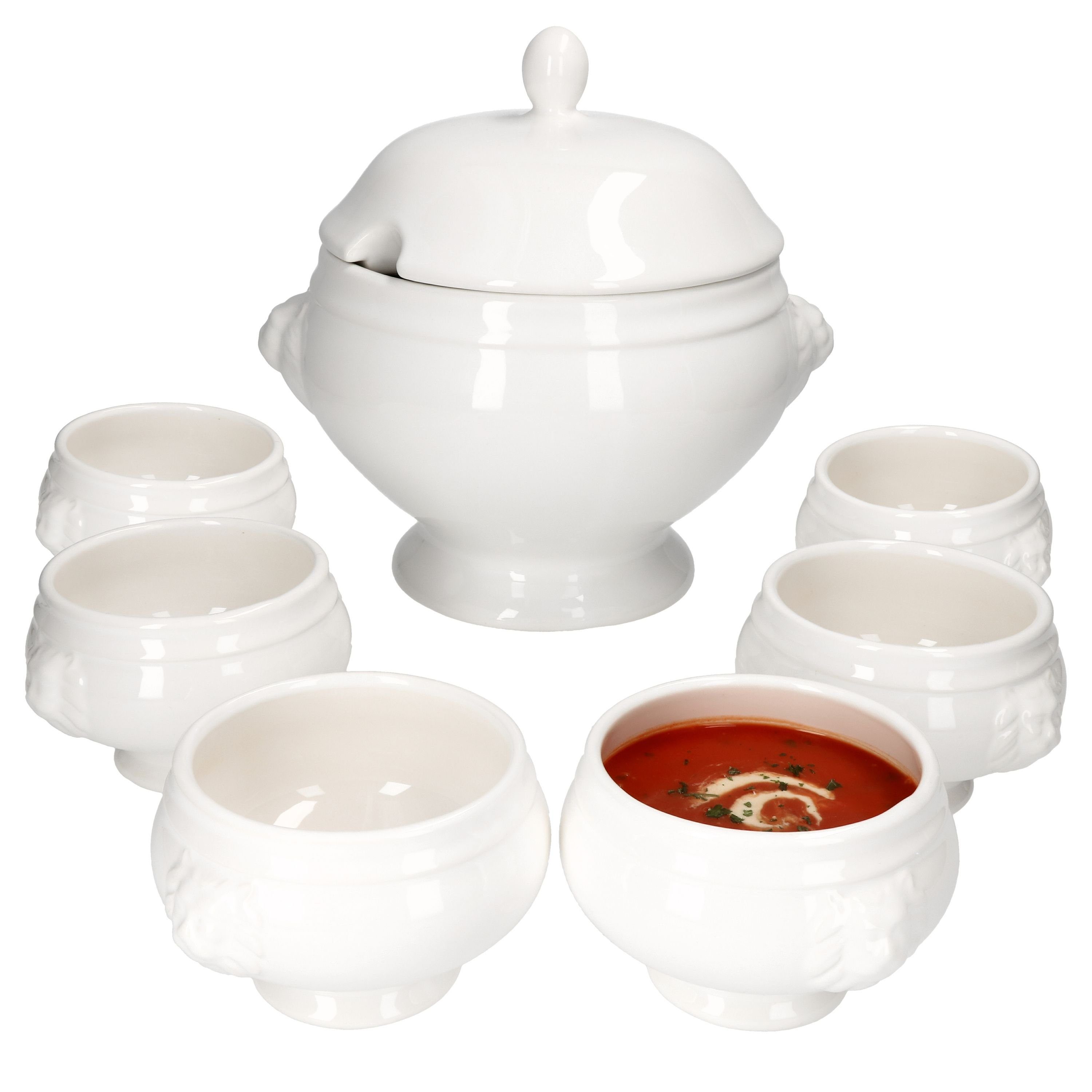 MamboCat Suppenschüssel LEO Löwenkopf-Terrinen Set 7-tlg. mit Deckel 3L + 6x 0,45L, Steingut