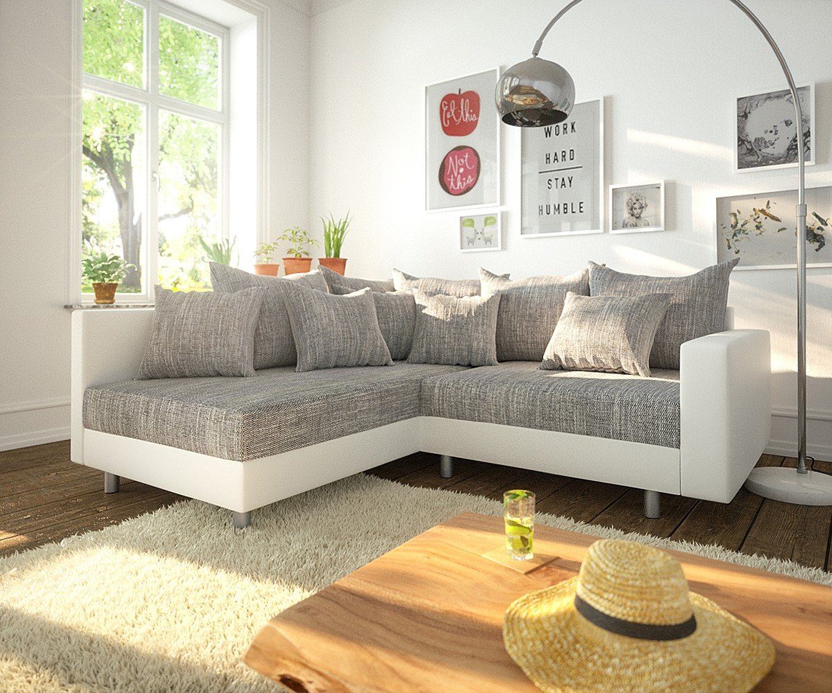 DELIFE Ecksofa Clovis, Weiss Hellgrau Hocker günstig online kaufen