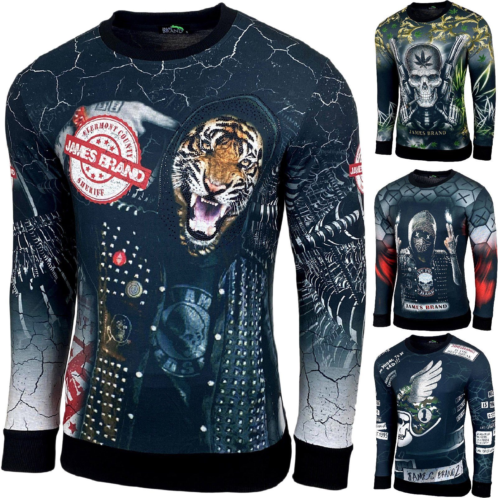 Longshirt Rundhalskragen Moderner Langarmshirt Totenkopf mit Ziersteinen JB