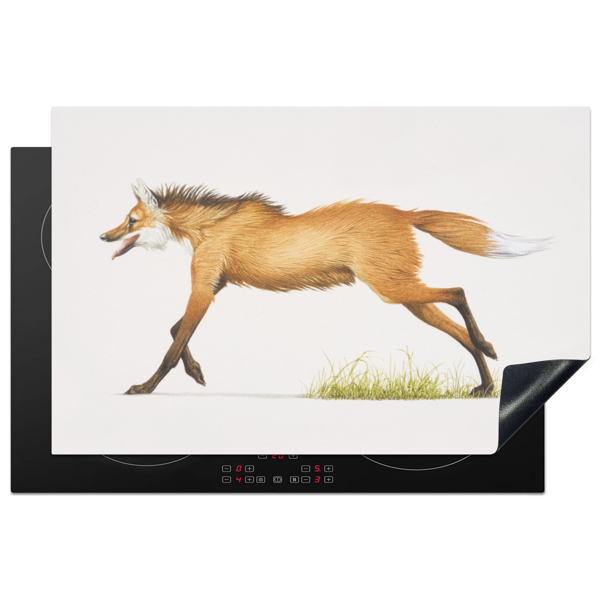 MuchoWow Herdblende-/Abdeckplatte Illustration eines Mähnenwolfs im Gras, Vinyl, (1 tlg), 81x52 cm, Induktionskochfeld Schutz für die küche, Ceranfeldabdeckung