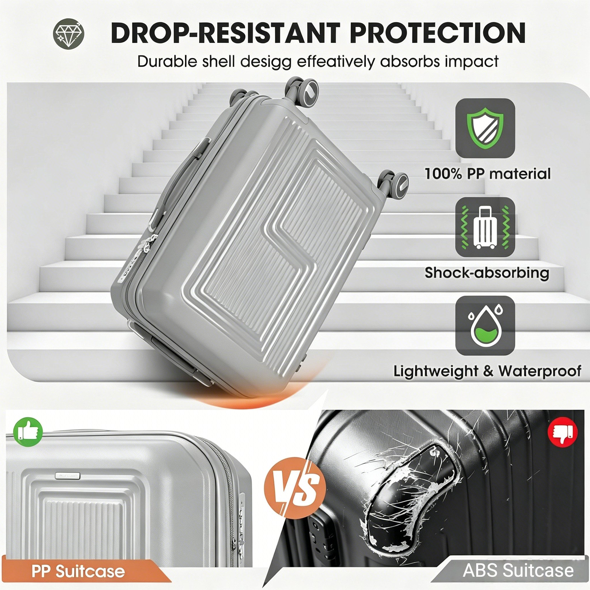 Super Solu Hartschalen-Trolley Koffer Reisekoffer PP-Polypropylen, Erweiterbarer Hartschalenkoffer, 4 Rollen, 20 Zoll Handgepäck, Grau, leicht & robust, TSA-Zahlenschloss