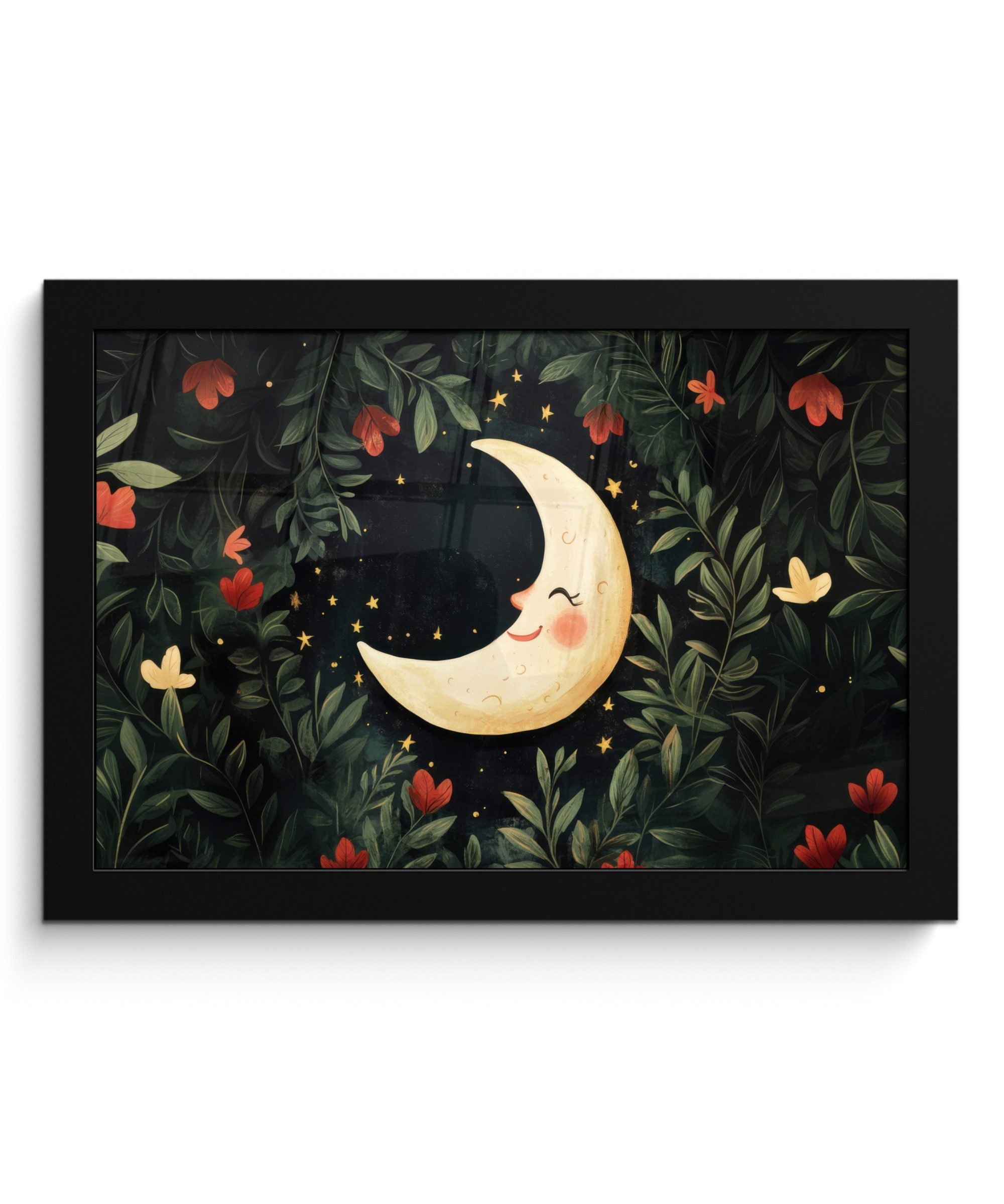 MuchoWow Poster Mond - Blumen - Nachthimmel, (1 St), Wandbilder, Deko Wohnzimmer Schlafzimmer, 30x20 cm