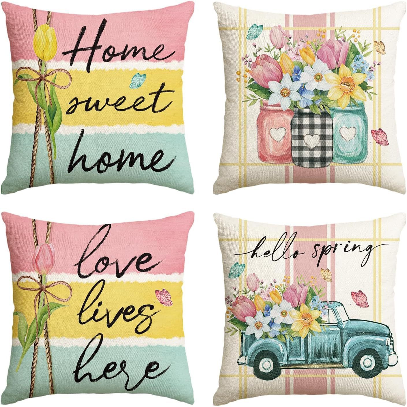 Diwzbyn Kissenbezug Kissenbezüge mit Blumenmuster, 4er-Set Frühlings-Dekokissenbezüge, geeignet für Sofa, Schlafzimmer und Wohnzimmer