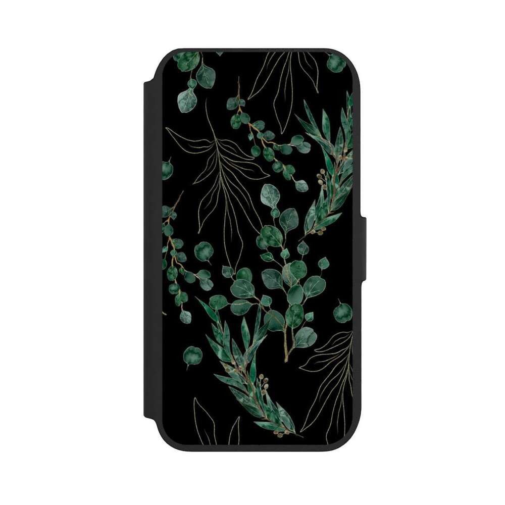 NIVOCASE Handyhülle Eukalyptus Blätter Natur Eukalyptusblätter Black, Apple iPhone 8 Klapphülle Handyhülle aus Kunst Leder NIVOflip schwarz