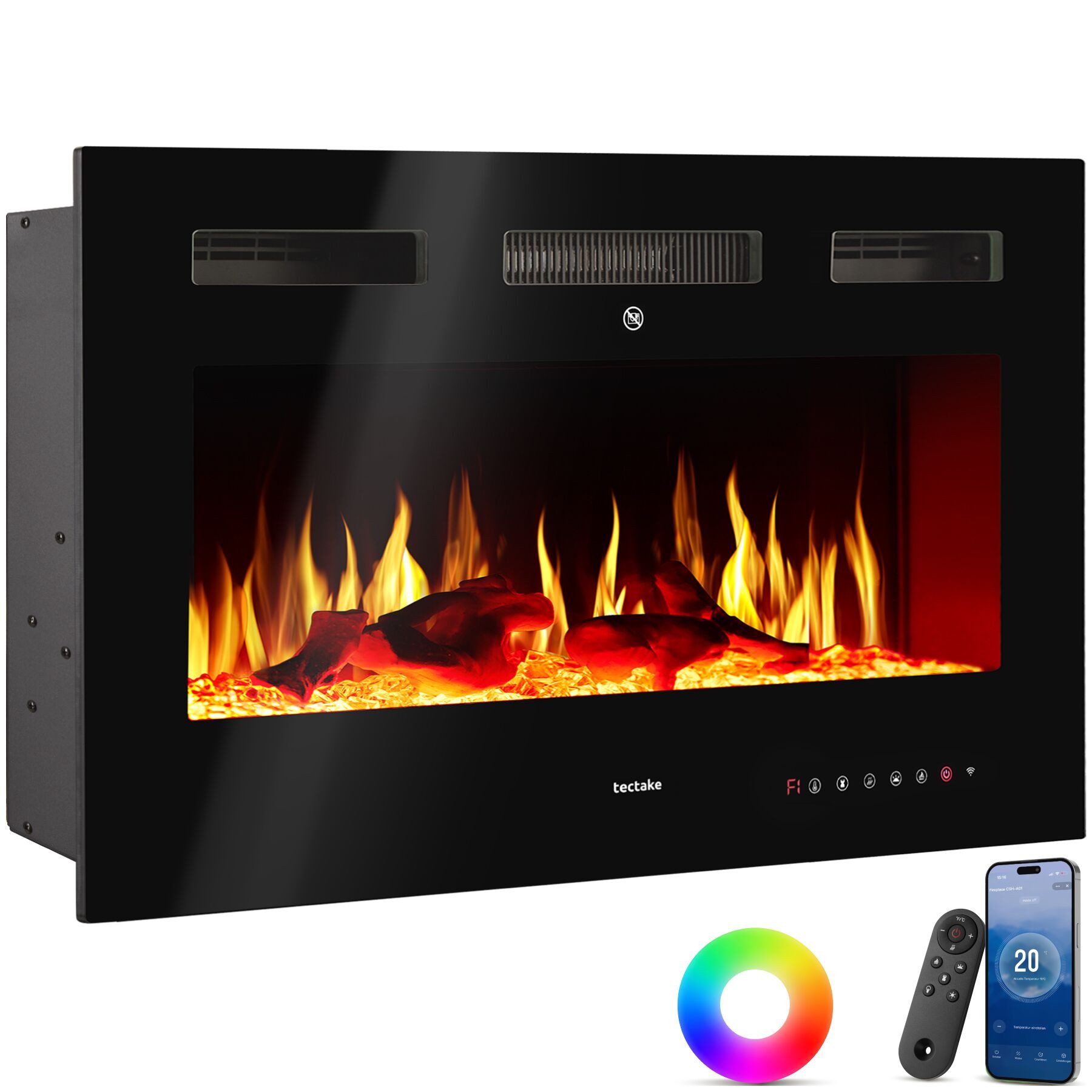 tectake Elektrokamin Wandkamin, App, Fernbed., Thermostat, 900/1800 W, Überhitzungsschutz, 3D-Flamme, Holz-/Glutoptik, Farbe/Helligkeit/Tempo, Fenstererkennung