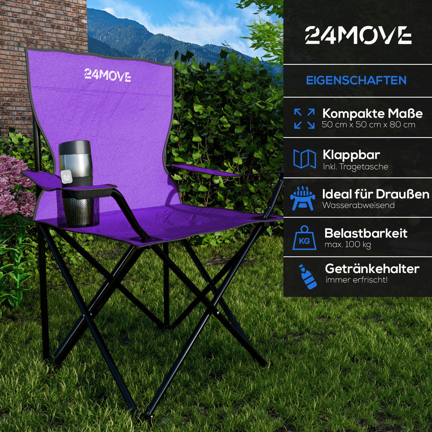 24Move Campingstuhl 24MOVE® Campingstuhl faltbar,Anglerstuhl,Liegestuhl mit Getränkehalter (bis max. 100 kg), mit Tragetasche, lila, Klappstuhl, bis 100kg belastbar