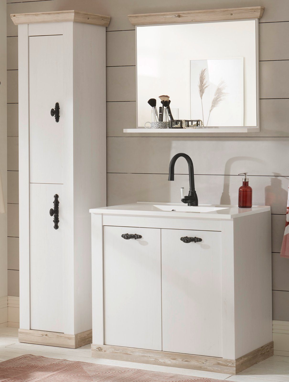 Furn.Design Waschtisch-Set Rovola, (in weiß Pinie Landhausstil, 4-St., 143 x 200 cm), mit Waschbecken