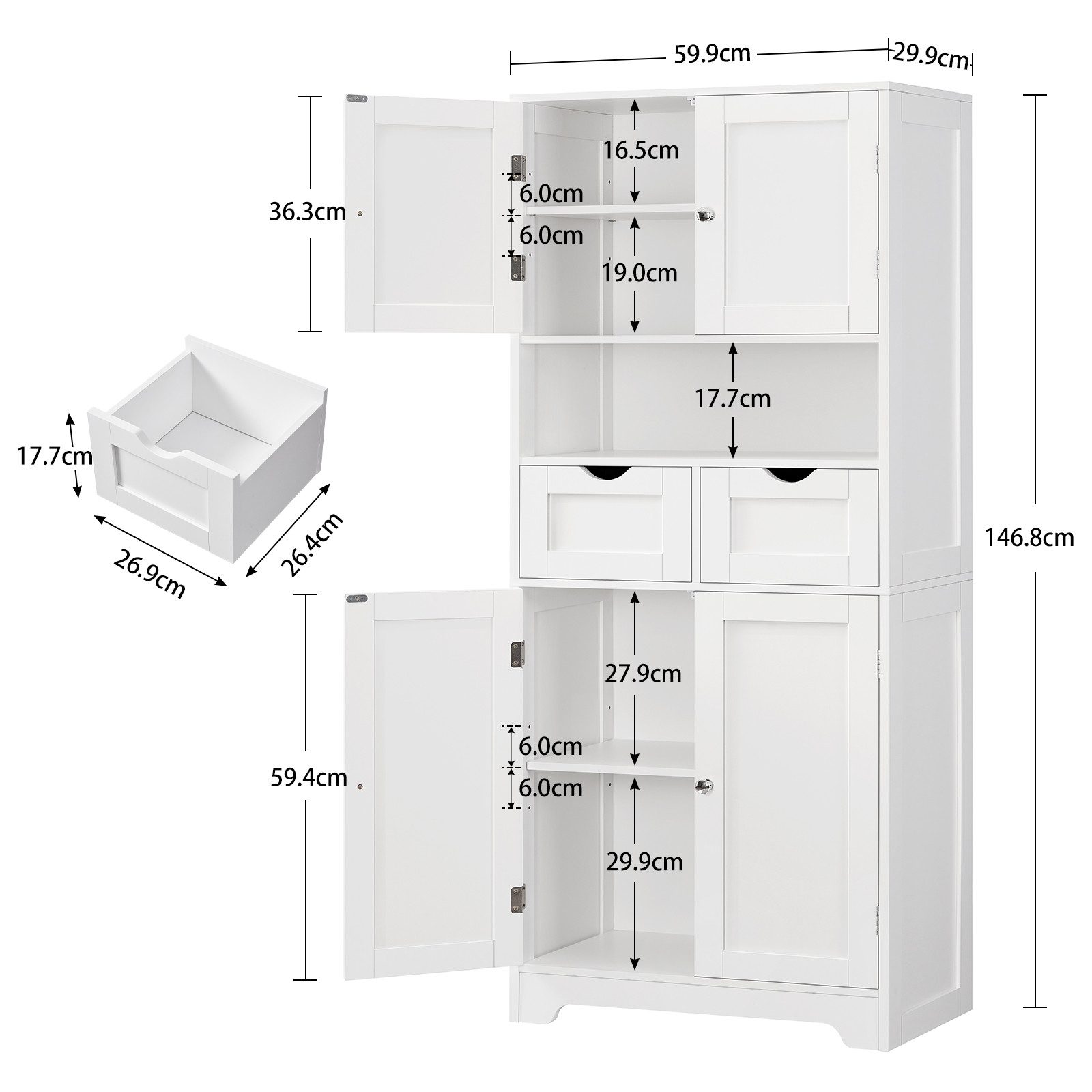 TEENFON Hochschrank Badezimmerschrank, 4 Türen, 2 Schubladen, 2 verstellbare Einlegeböden (1-St) – Bild 4 von 5