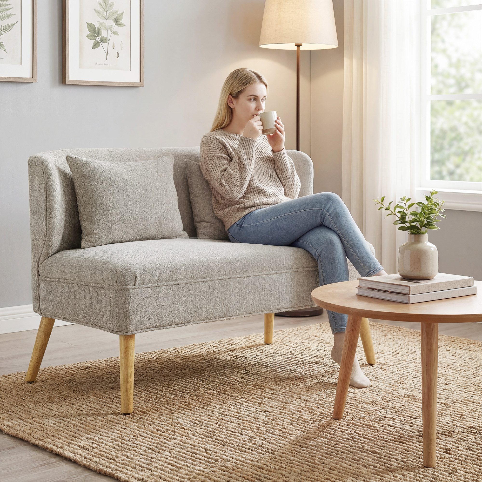 HOMCOM 2-Sitzer Sofa kleine Couch mit Flügelrücken, 2 Wurfkissen, 117 cm Dick Gepolstert Doppelsofa 1 Teile, für Wohnzimmer, Schlafzimmer, Beige